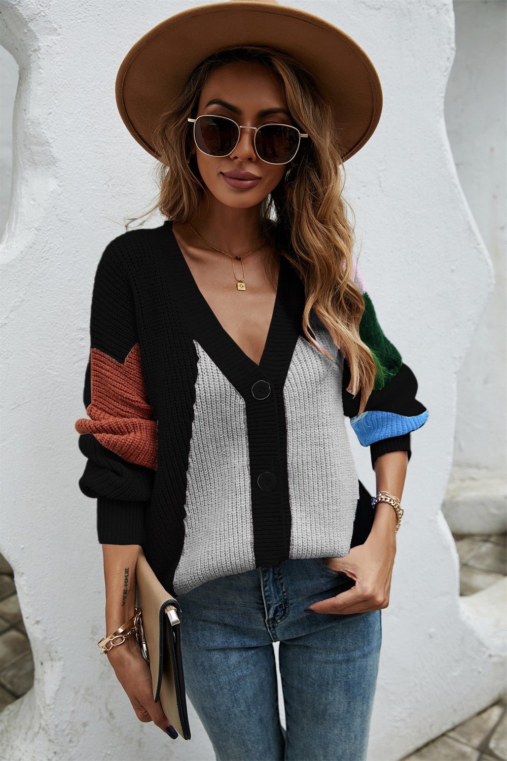 Contrast Button Front V-Neck Cardigan -