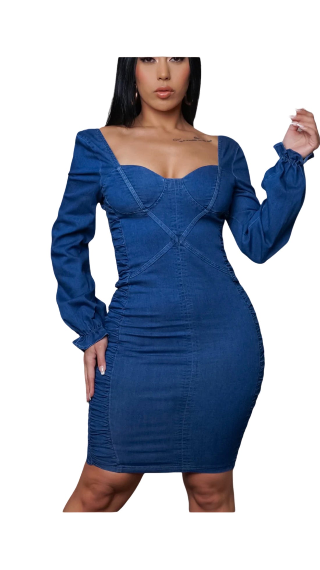 Denim Sweetheart Neck Dress -