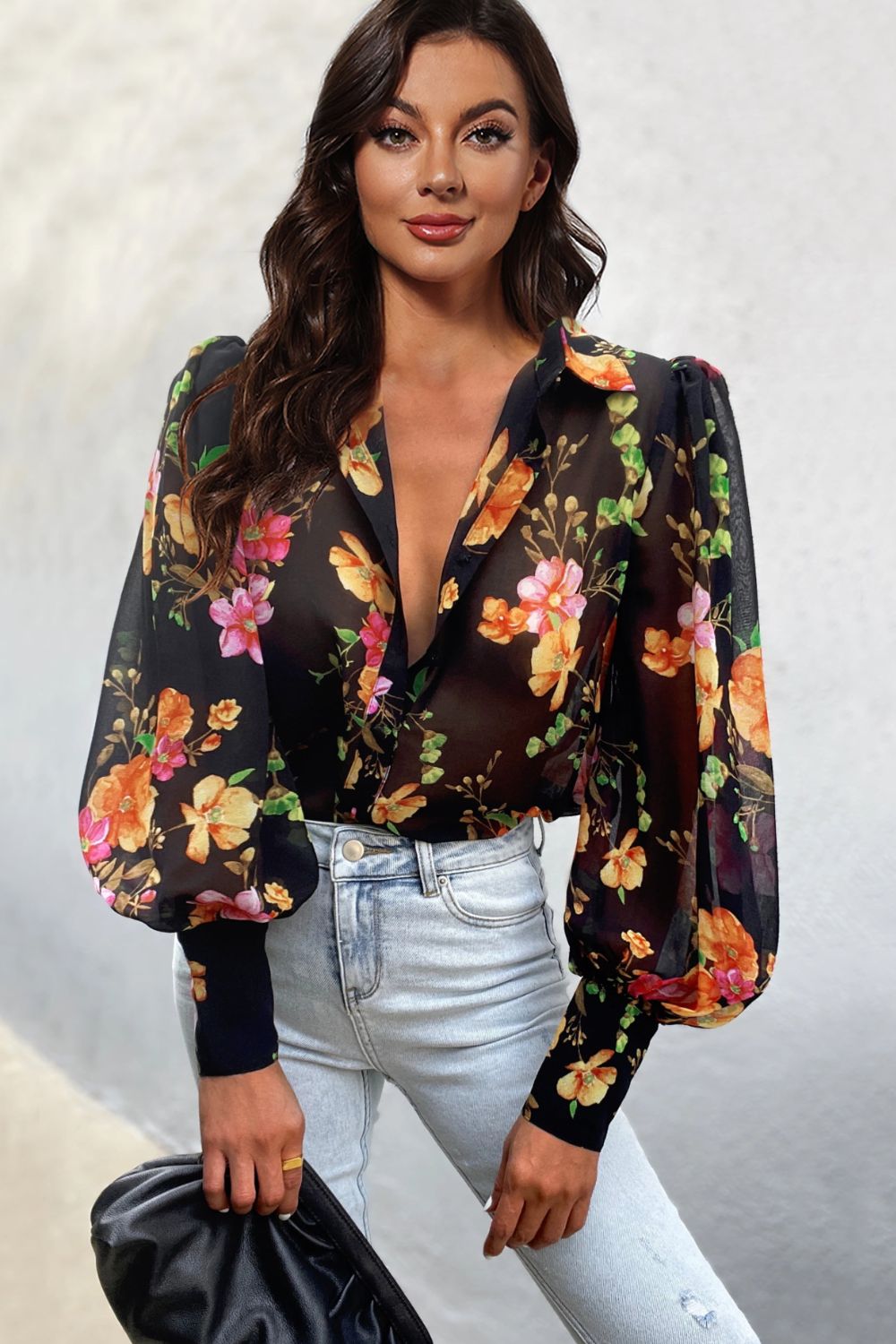 Double Take Flower Print Collared Neck Lantern Sleeve Shirt -