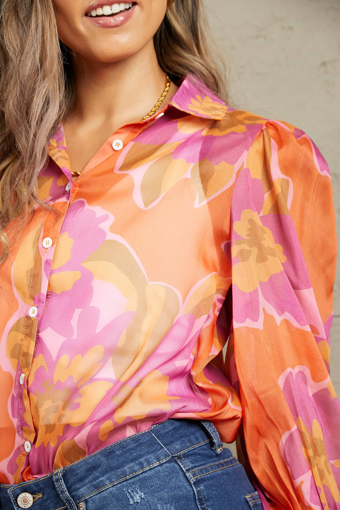 Double Take Flower Print Collared Neck Lantern Sleeve Shirt -