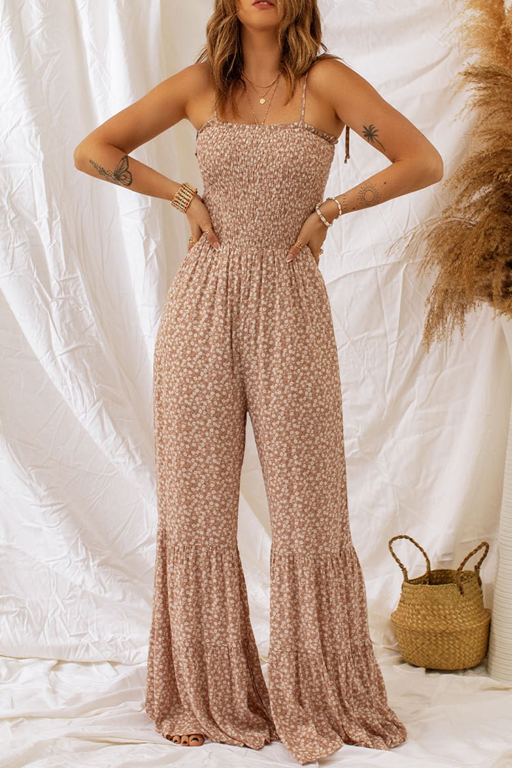 Floral Spaghetti Strap Smocked Wide Leg Jumpsuit -