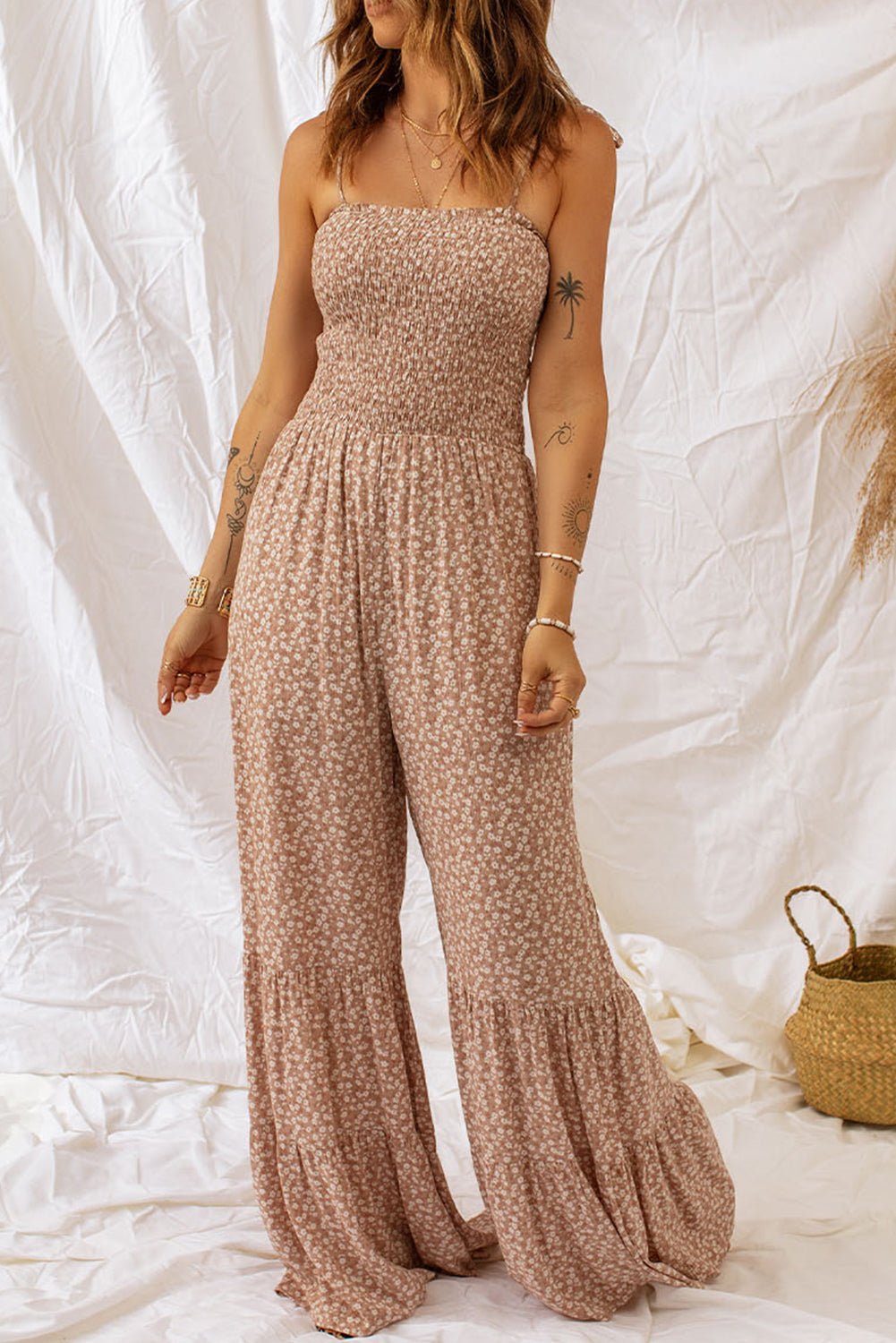 Floral Spaghetti Strap Smocked Wide Leg Jumpsuit -