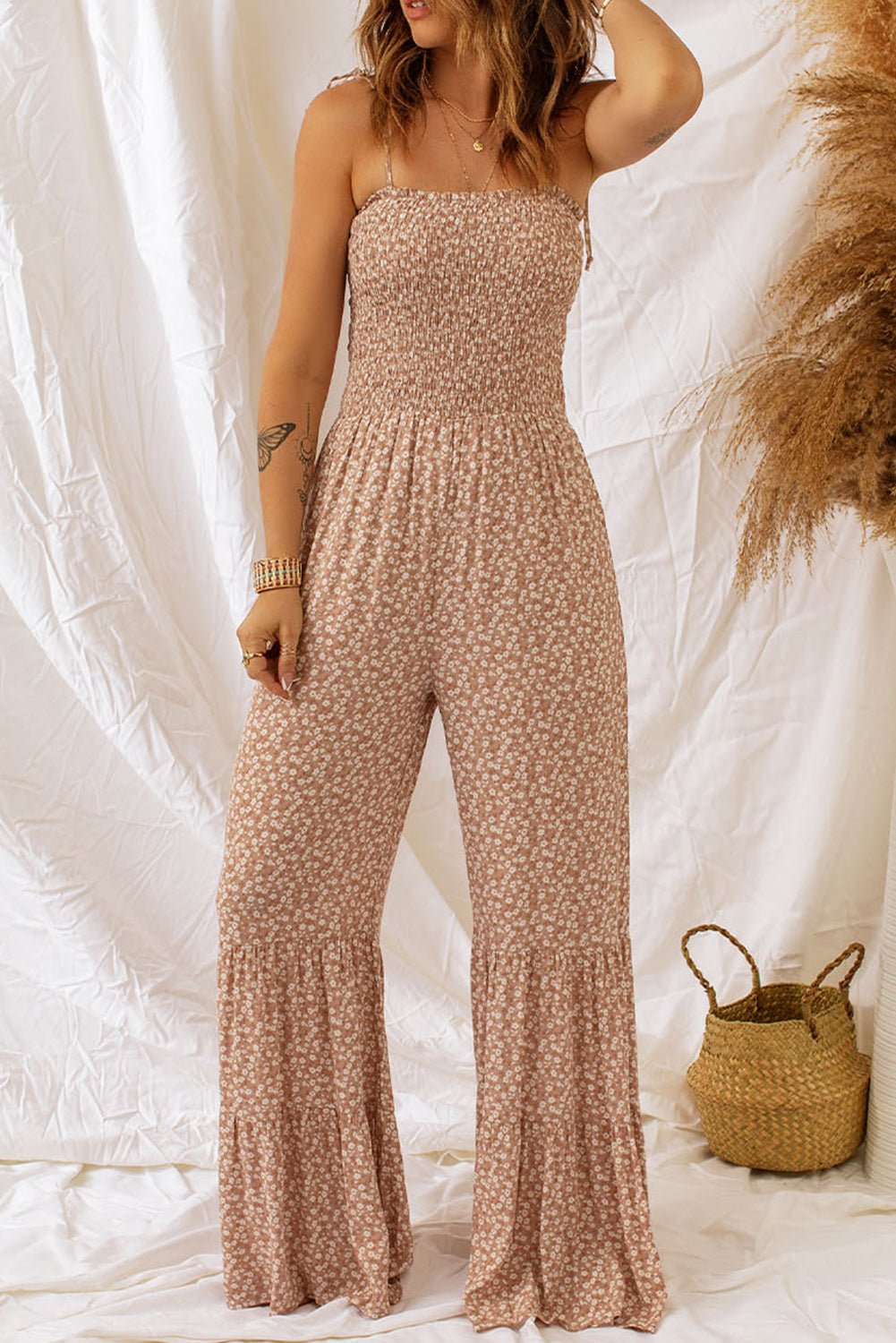 Floral Spaghetti Strap Smocked Wide Leg Jumpsuit -