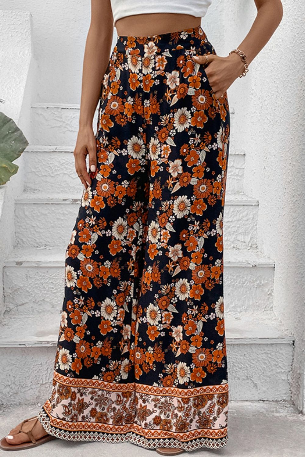 Floral Wide Leg Pants with Pockets -