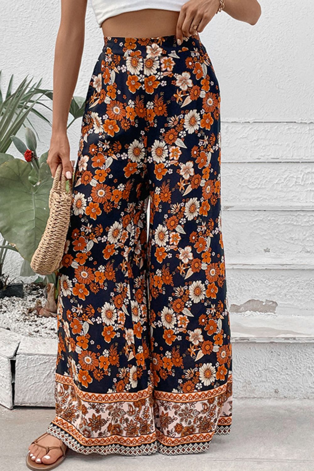 Floral Wide Leg Pants with Pockets -