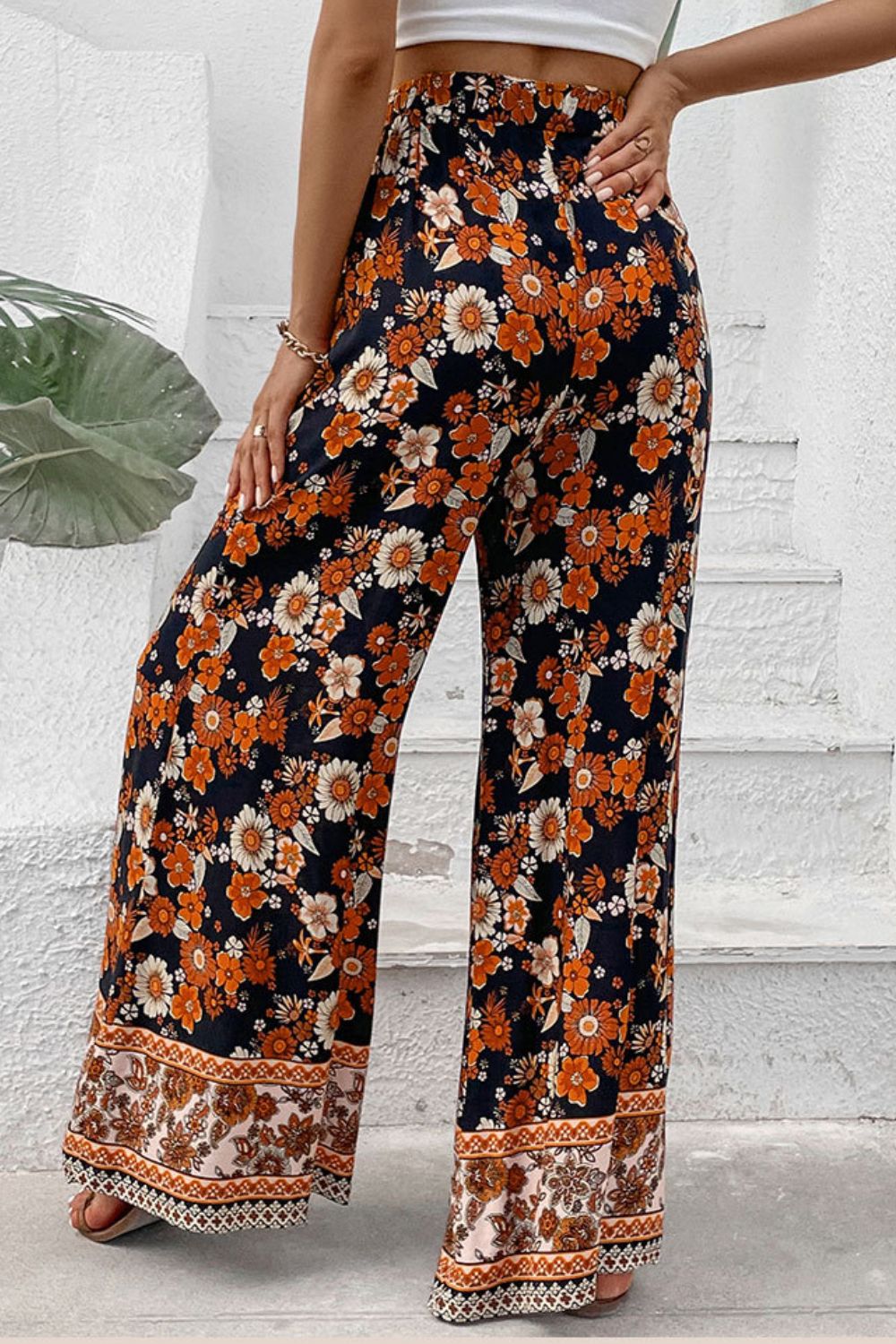 Floral Wide Leg Pants with Pockets -