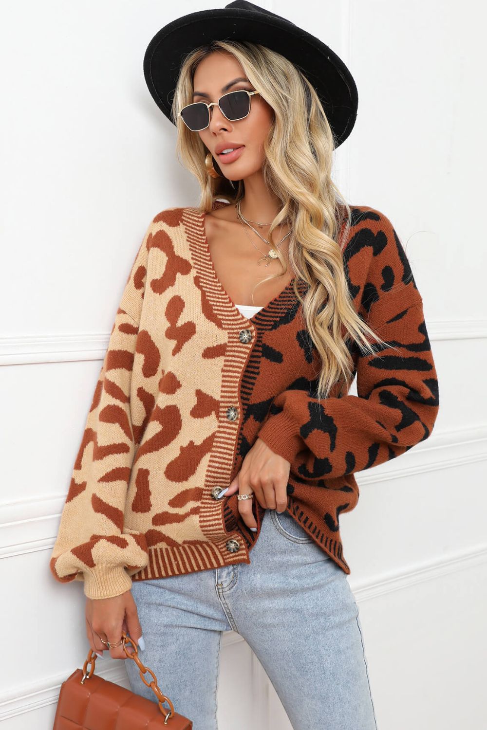 Leopard Button Front Ribbed Trim Cardigan -