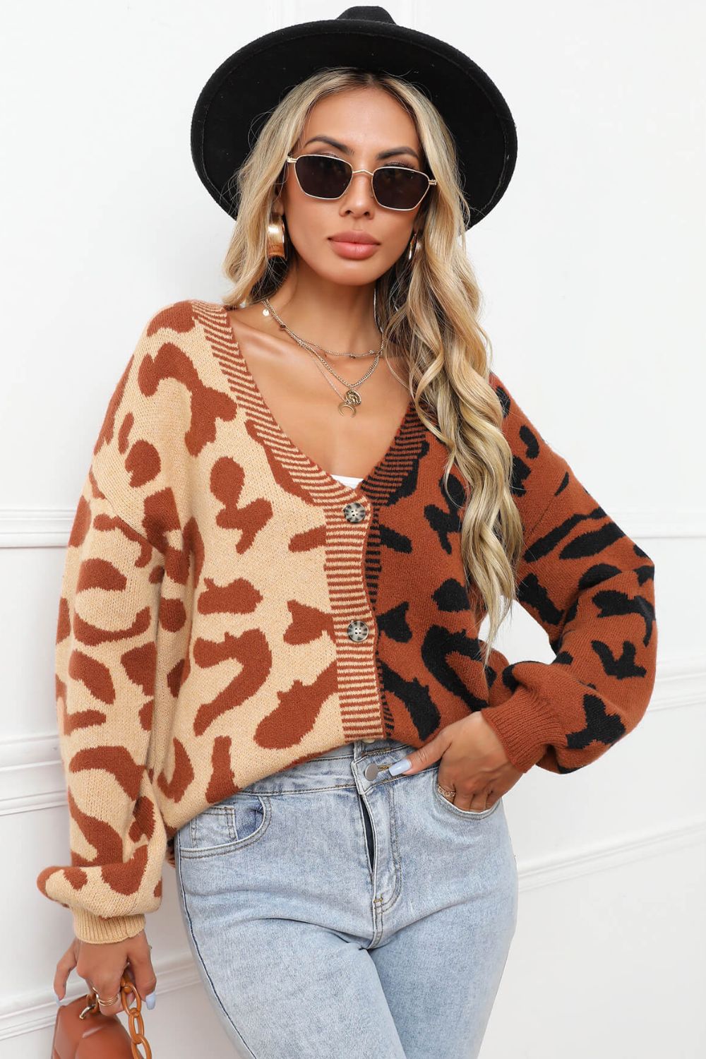 Leopard Button Front Ribbed Trim Cardigan -