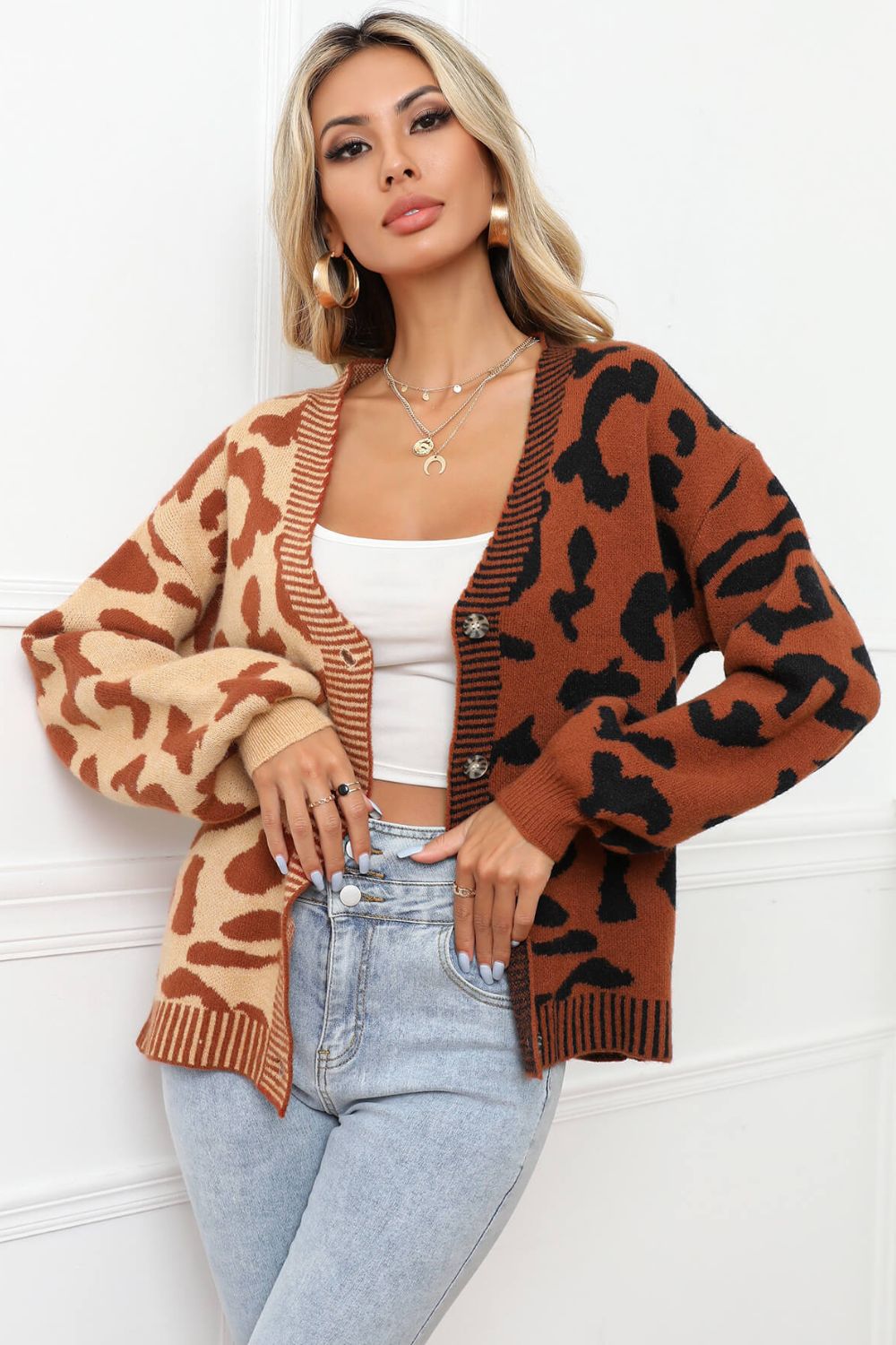 Leopard Button Front Ribbed Trim Cardigan -