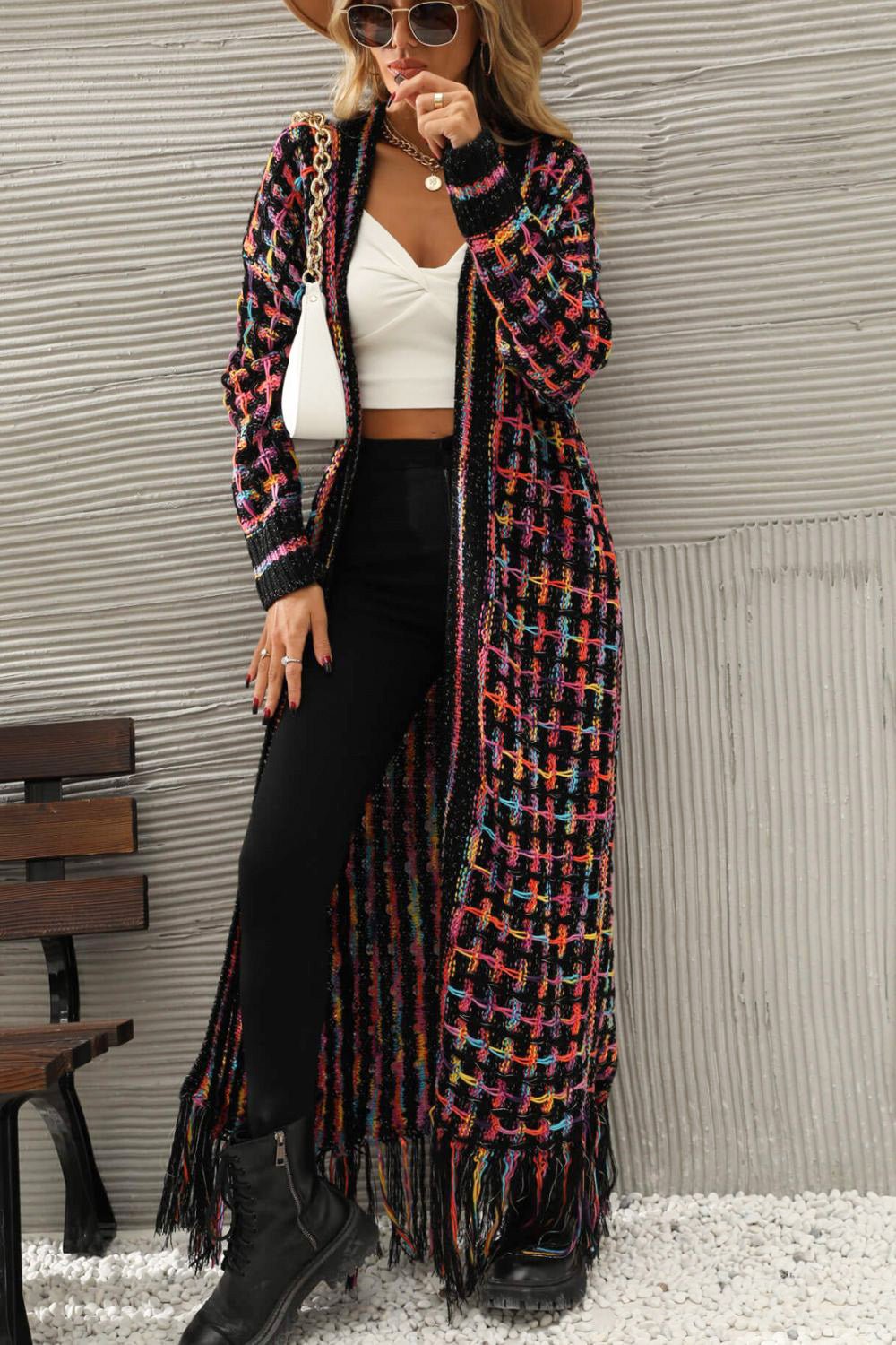 Multicolored Open Front Fringe Hem Cardigan -