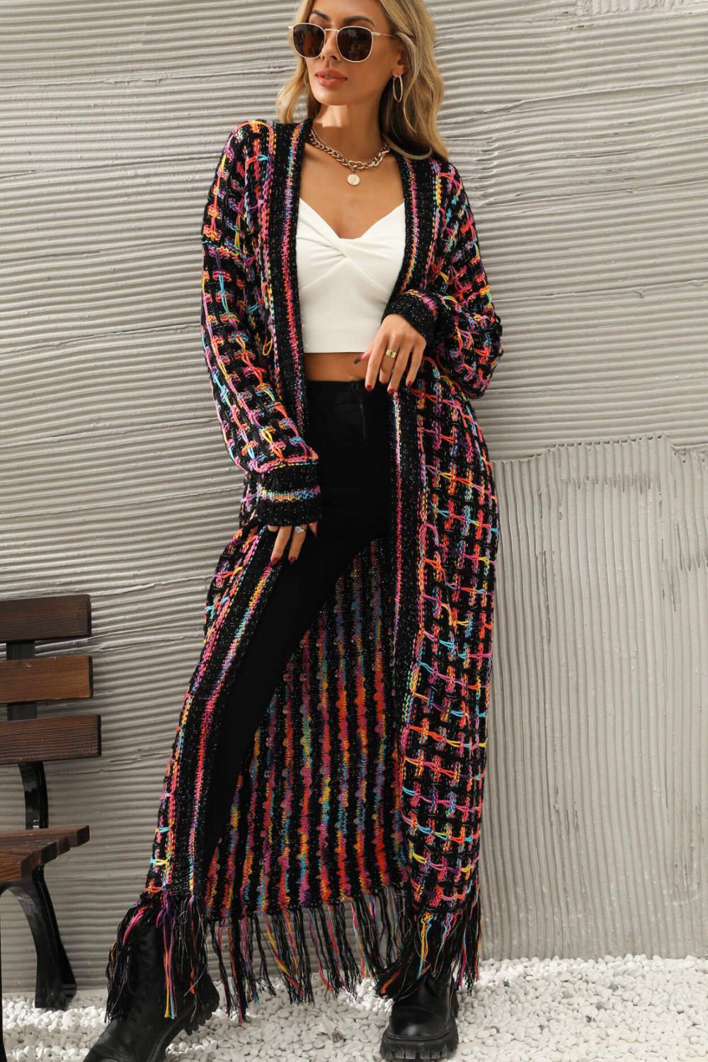 Multicolored Open Front Fringe Hem Cardigan -