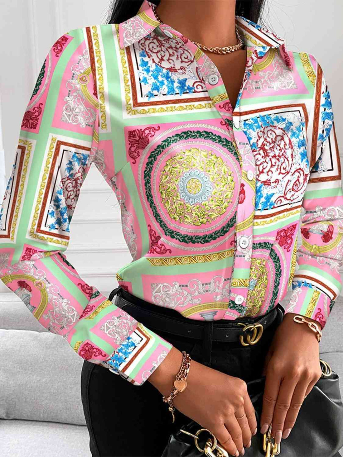 Printed Collared Neck Long Sleeve Shirt -