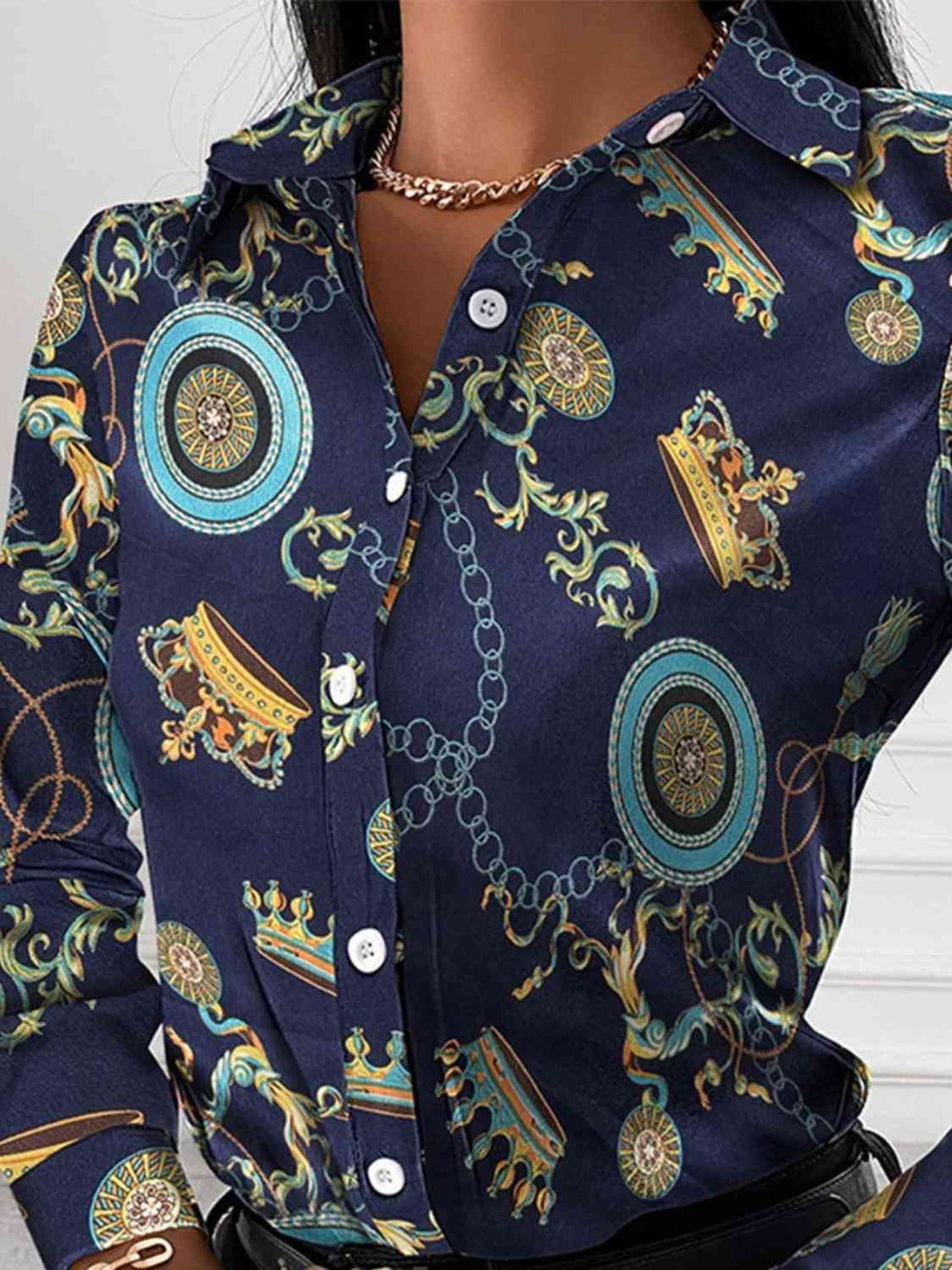 Printed Collared Neck Long Sleeve Shirt -