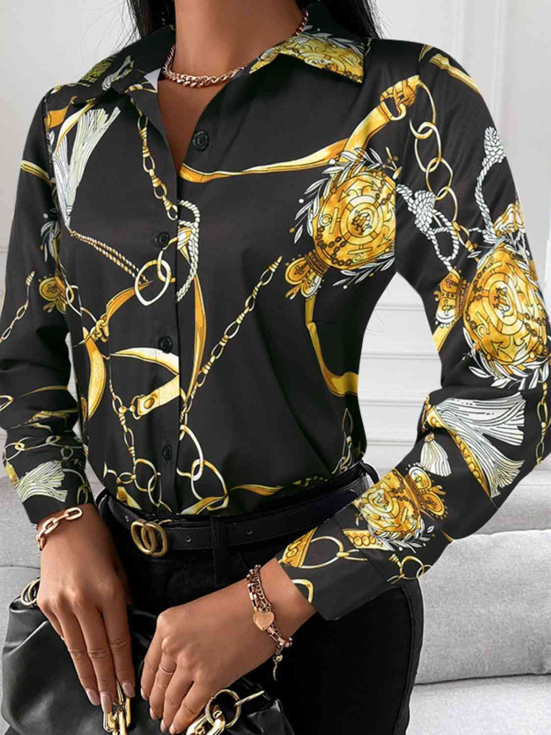 Printed Collared Neck Long Sleeve Shirt -