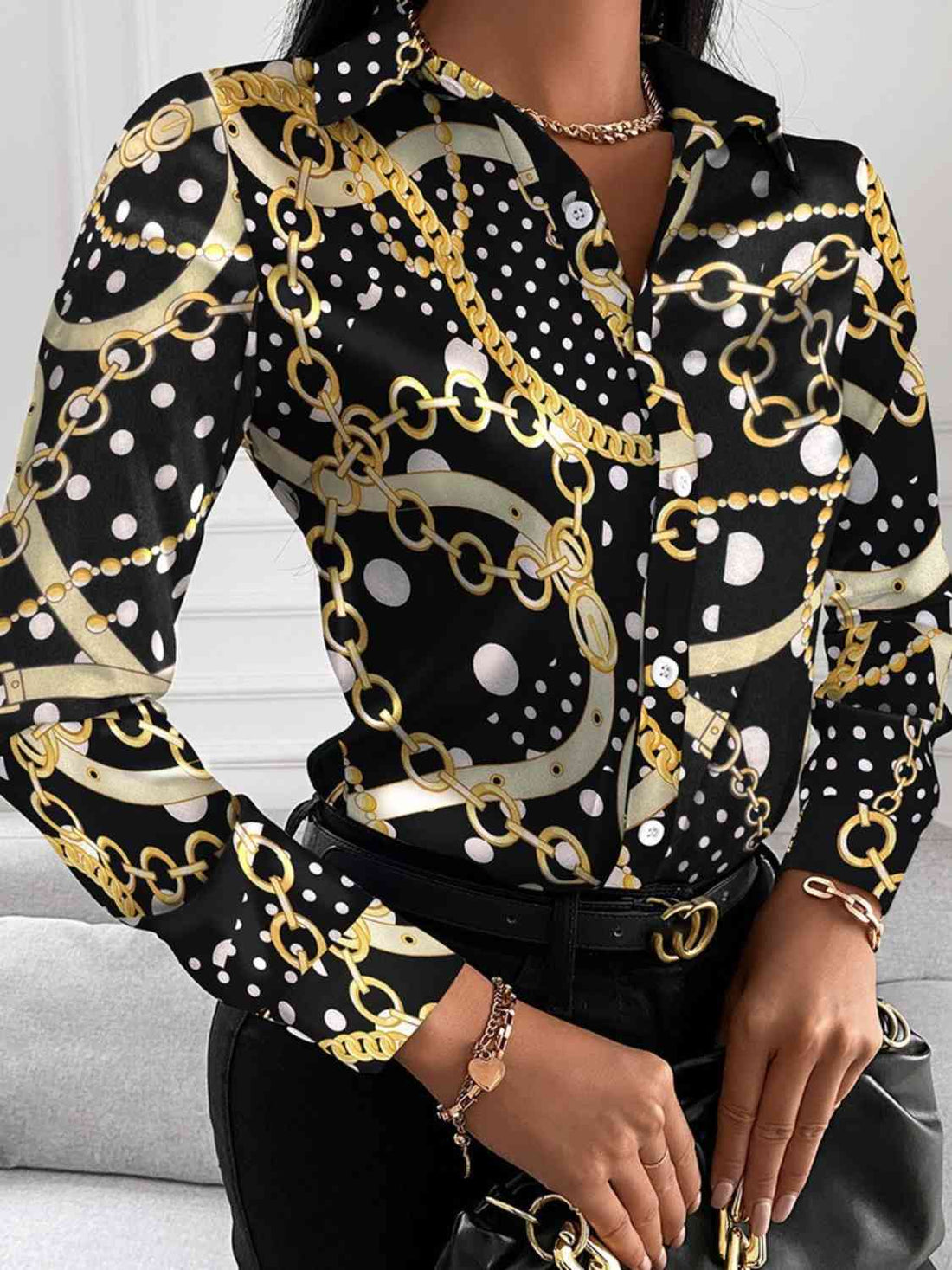 Printed Collared Neck Long Sleeve Shirt -