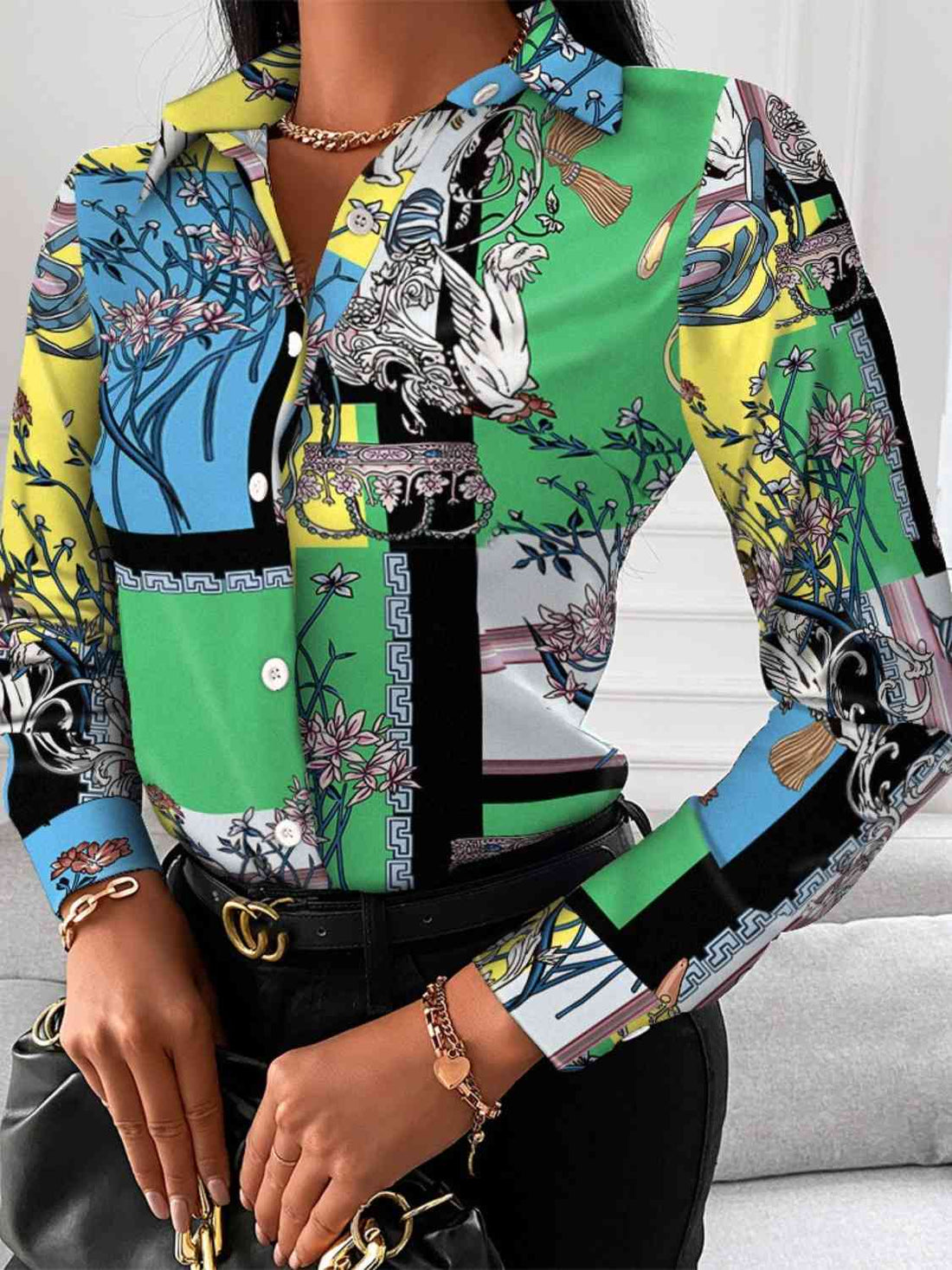 Printed Collared Neck Long Sleeve Shirt -