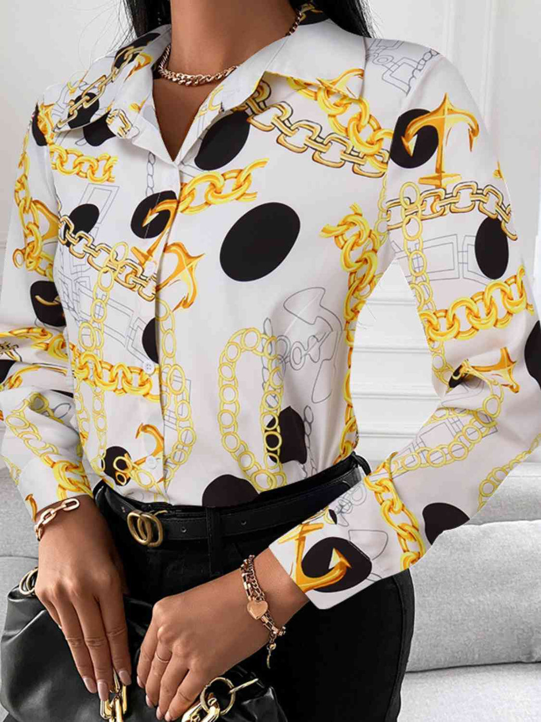 Printed Collared Neck Long Sleeve Shirt -