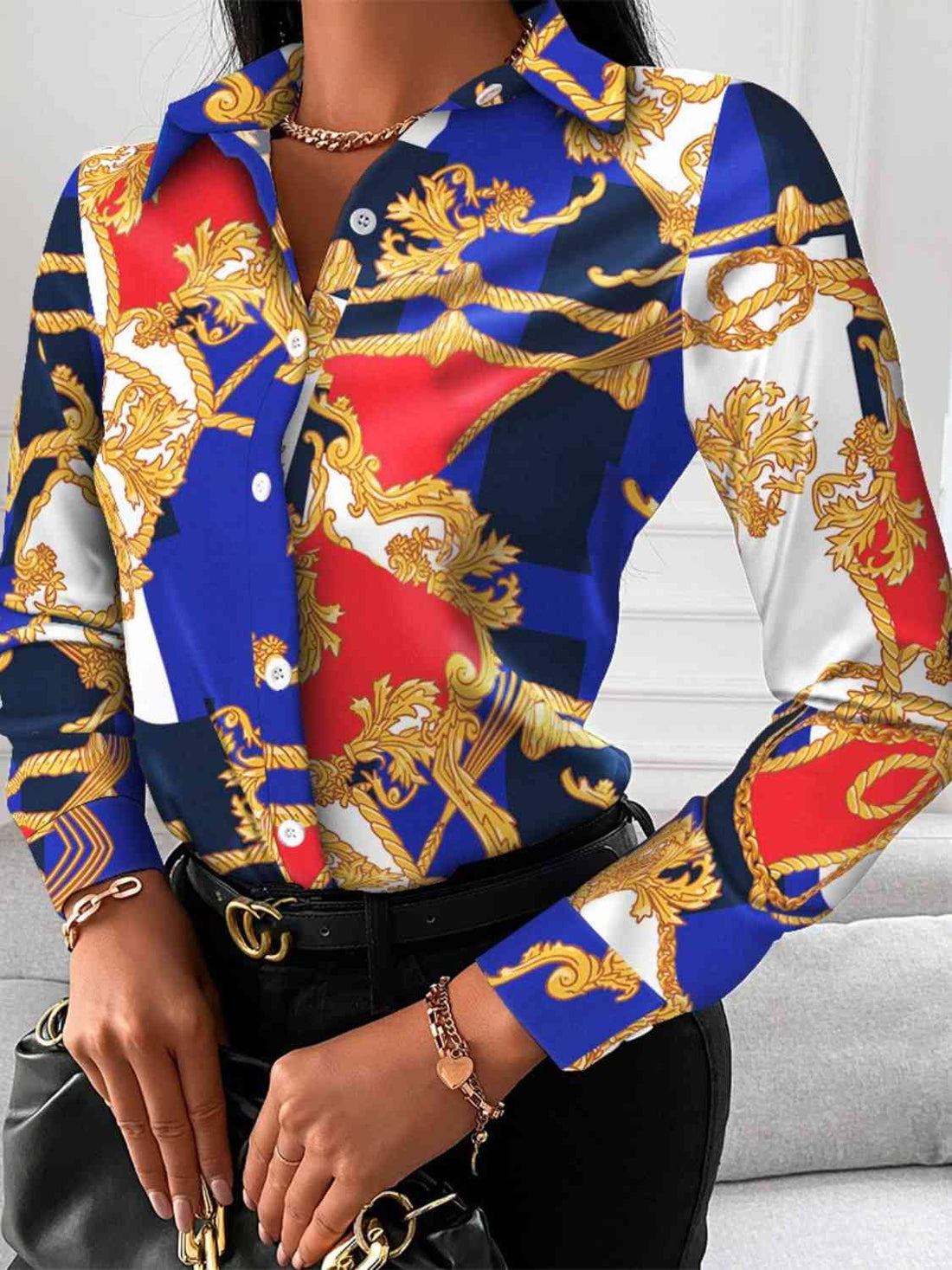 Printed Collared Neck Long Sleeve Shirt -