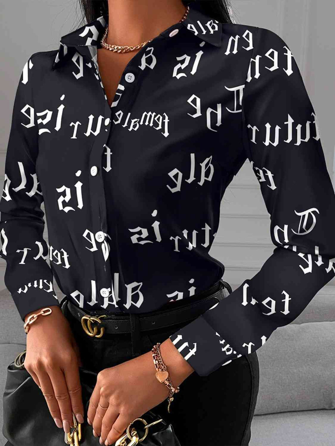 Printed Collared Neck Long Sleeve Shirt -