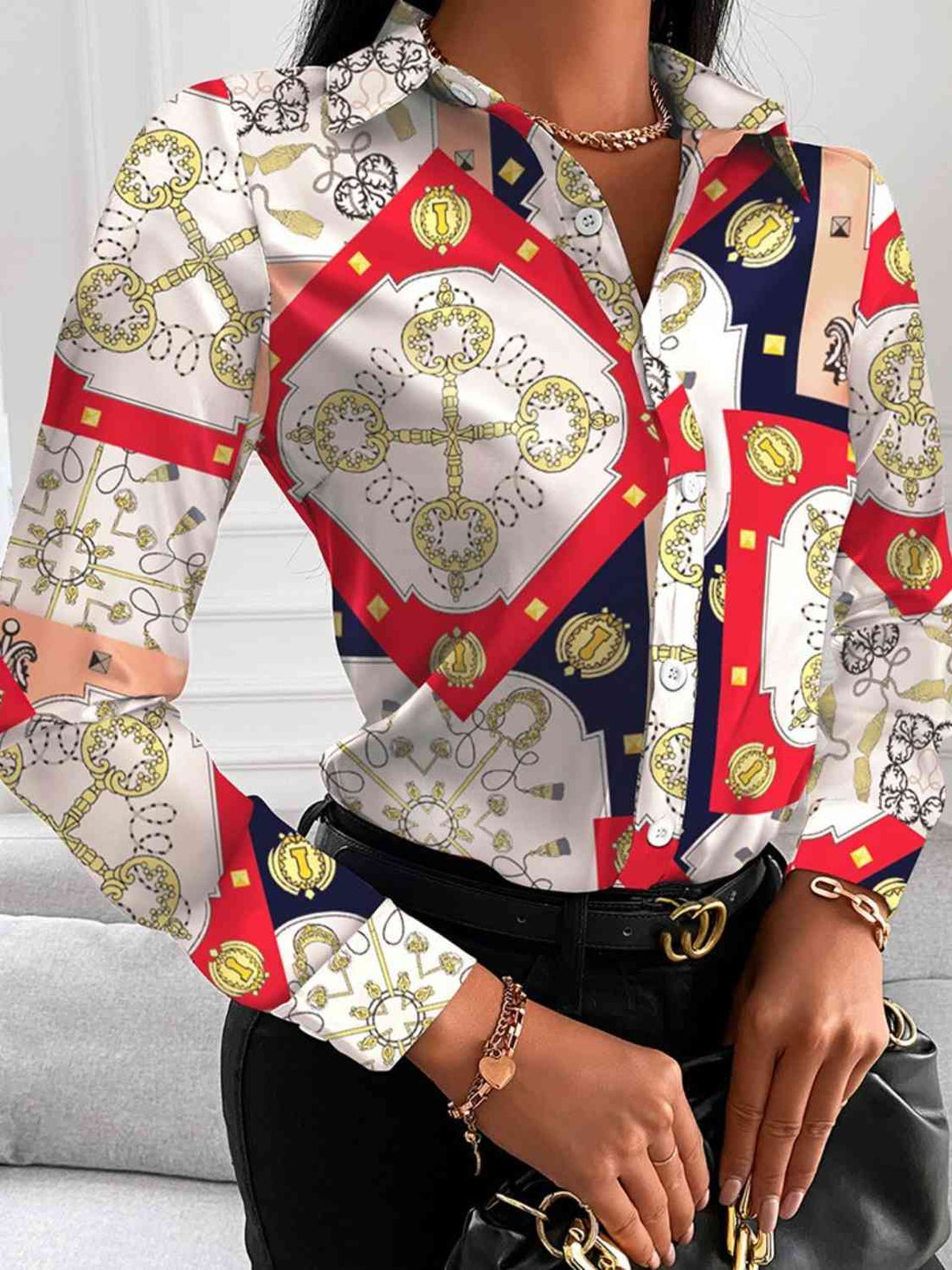 Printed Collared Neck Long Sleeve Shirt -