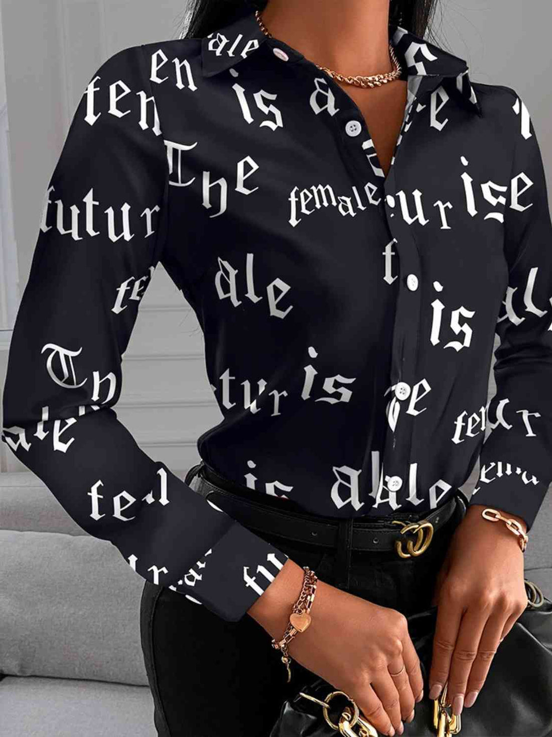 Printed Collared Neck Long Sleeve Shirt -