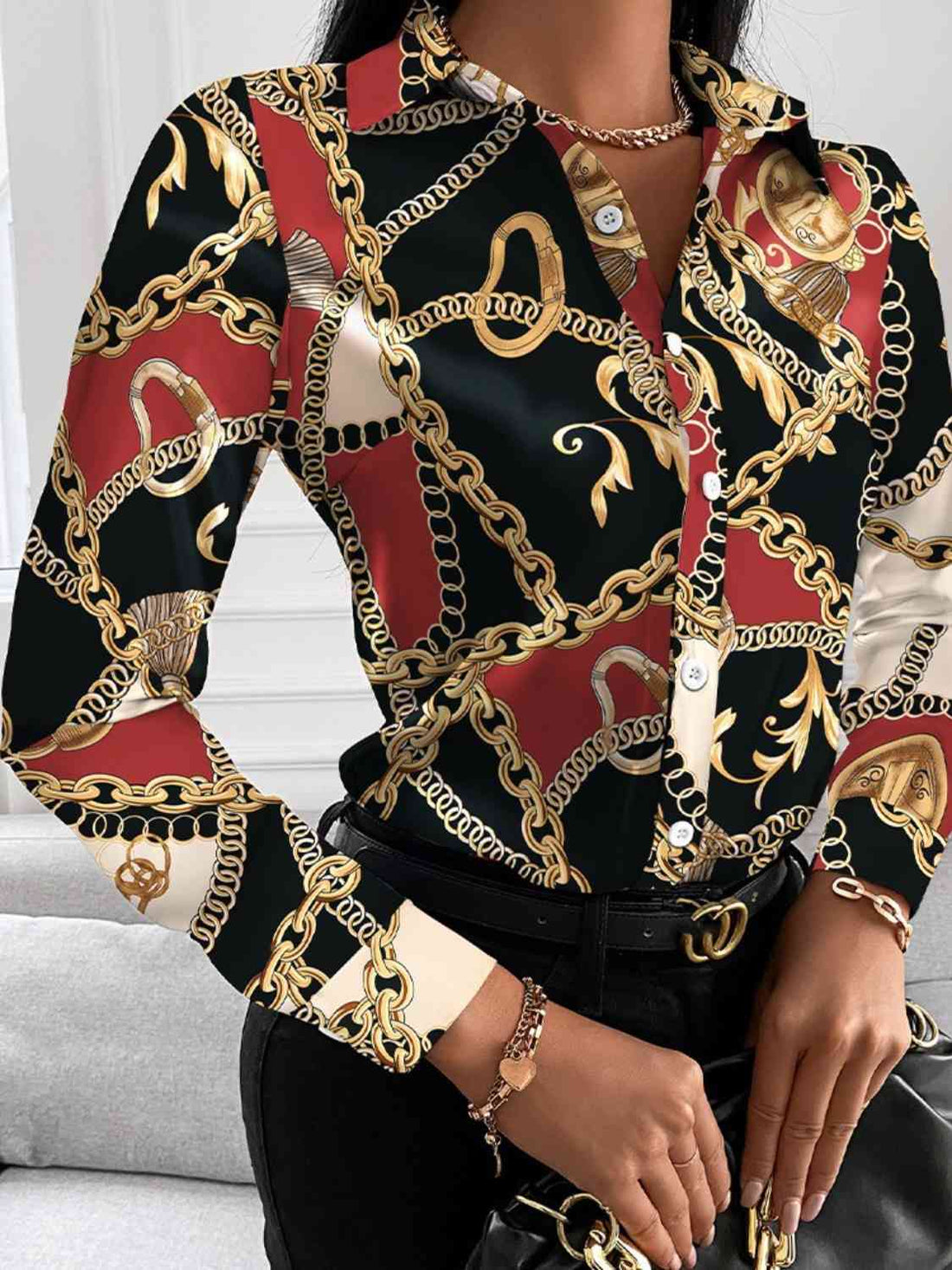 Printed Collared Neck Long Sleeve Shirt -