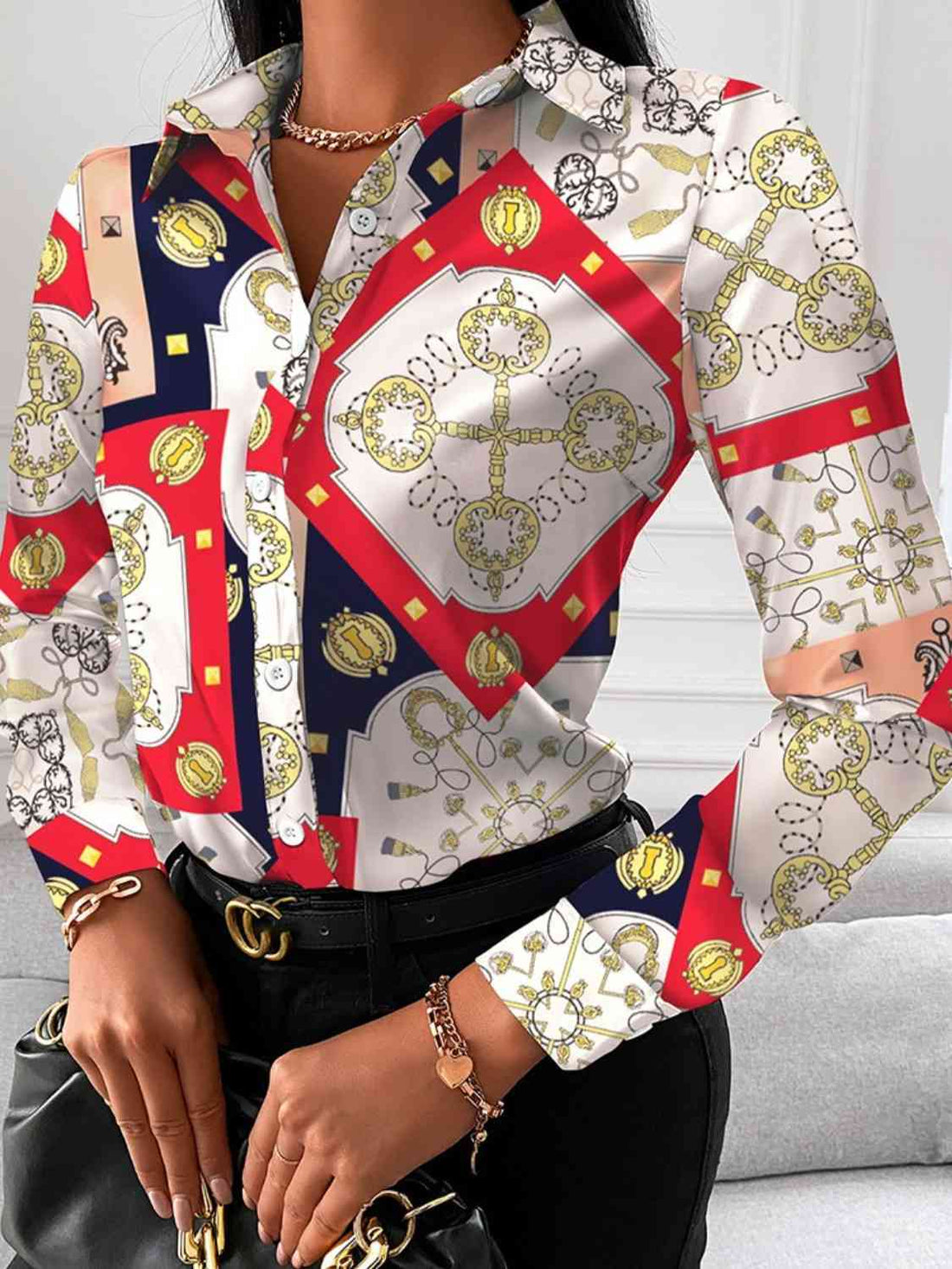 Printed Collared Neck Long Sleeve Shirt -