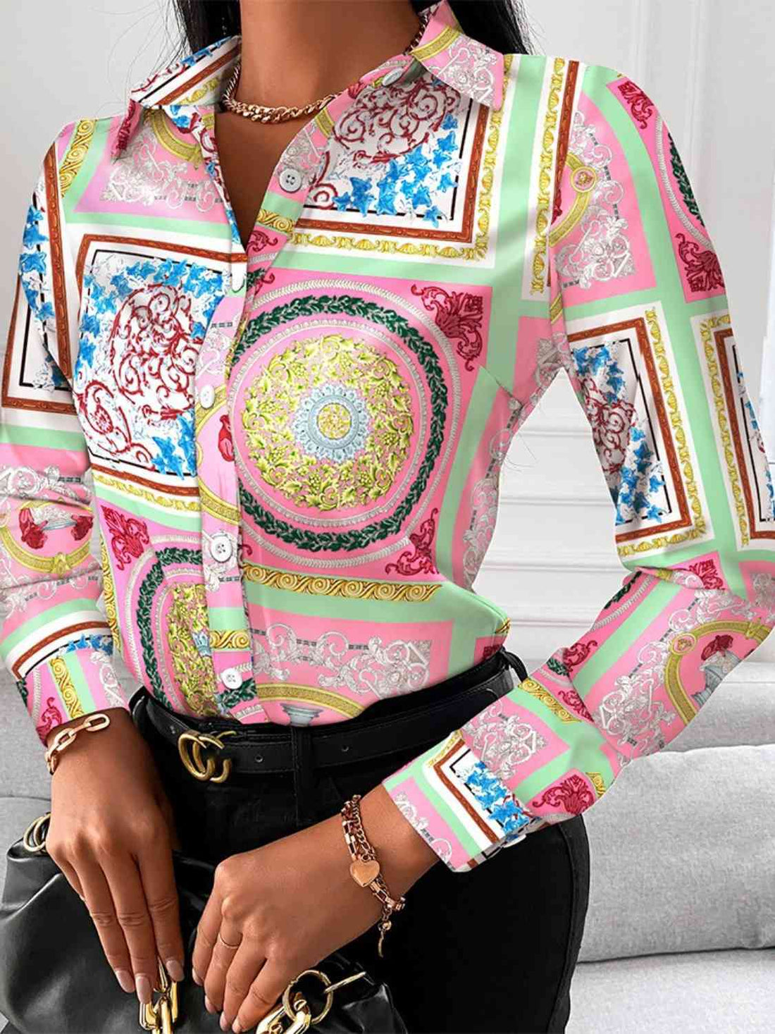 Printed Collared Neck Long Sleeve Shirt -