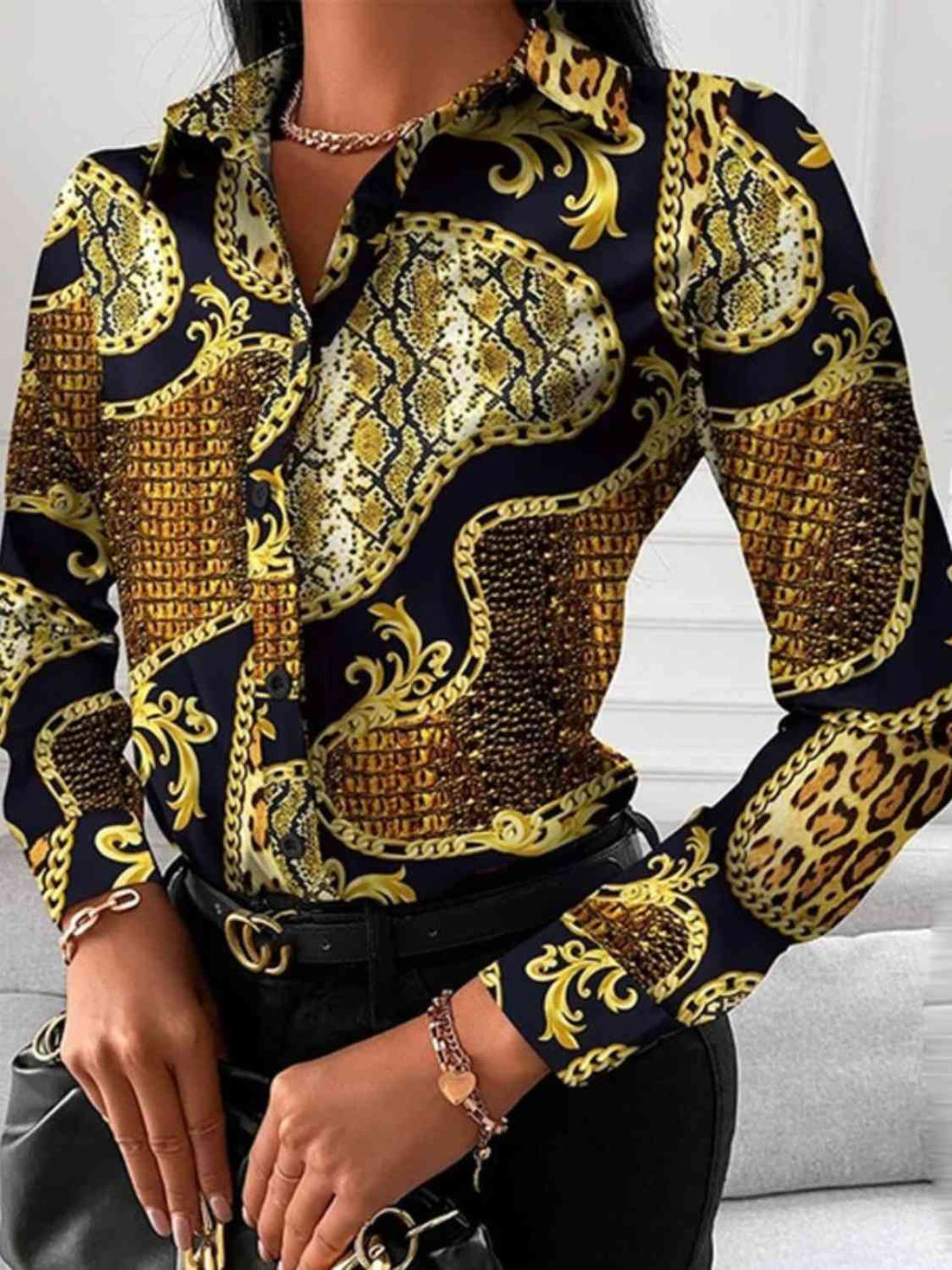 Printed Collared Neck Long Sleeve Shirt -