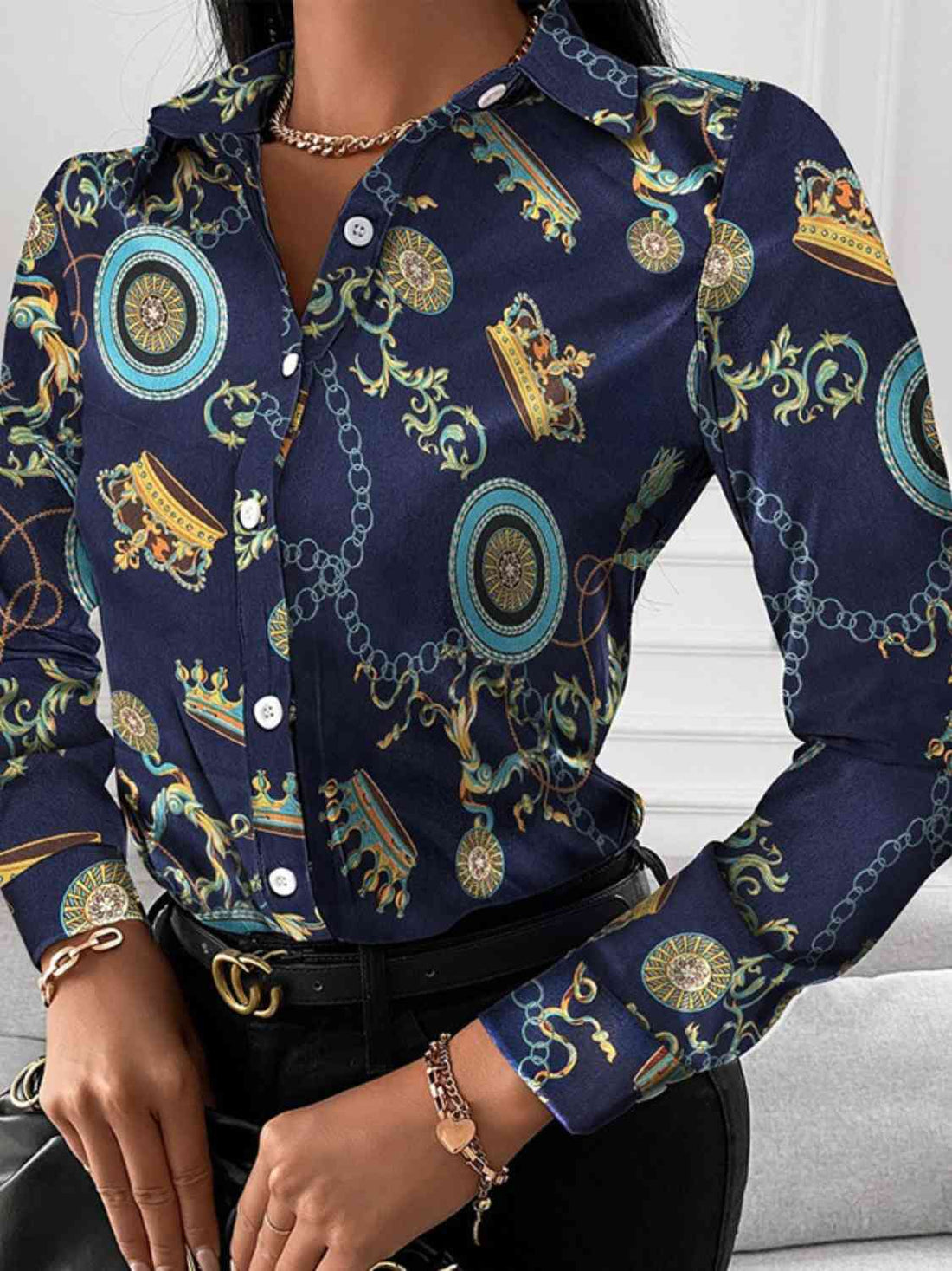 Printed Collared Neck Long Sleeve Shirt -