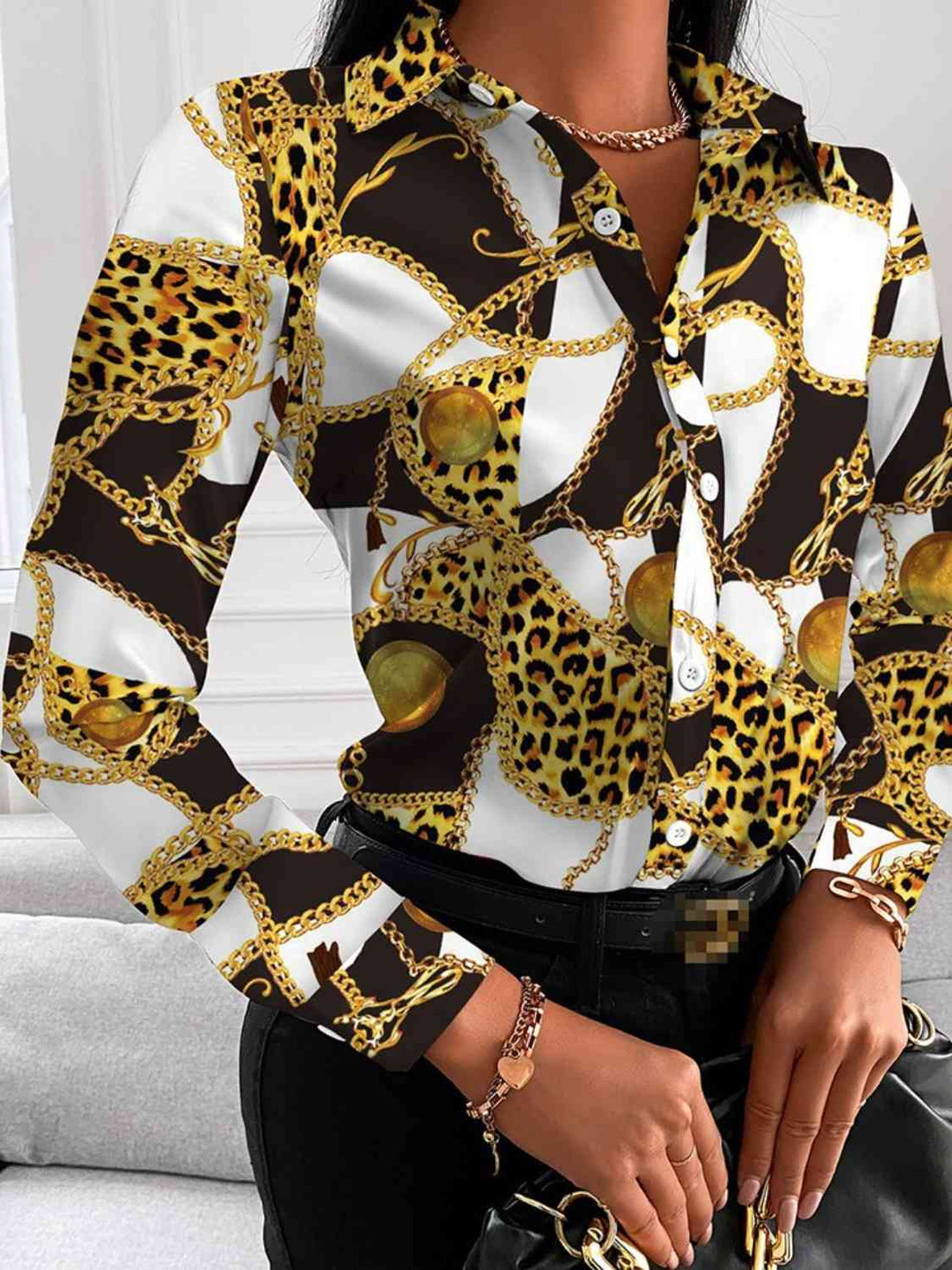 Printed Collared Neck Long Sleeve Shirt -