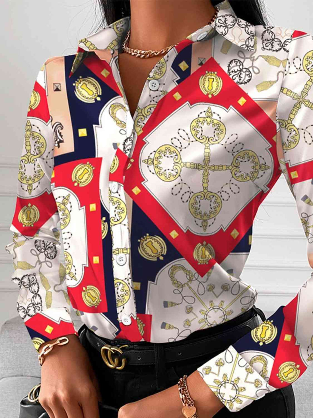 Printed Collared Neck Long Sleeve Shirt -