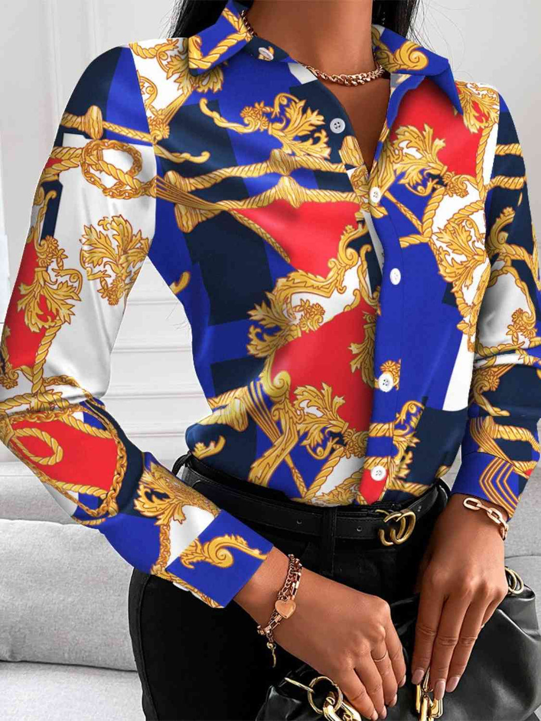 Printed Collared Neck Long Sleeve Shirt -