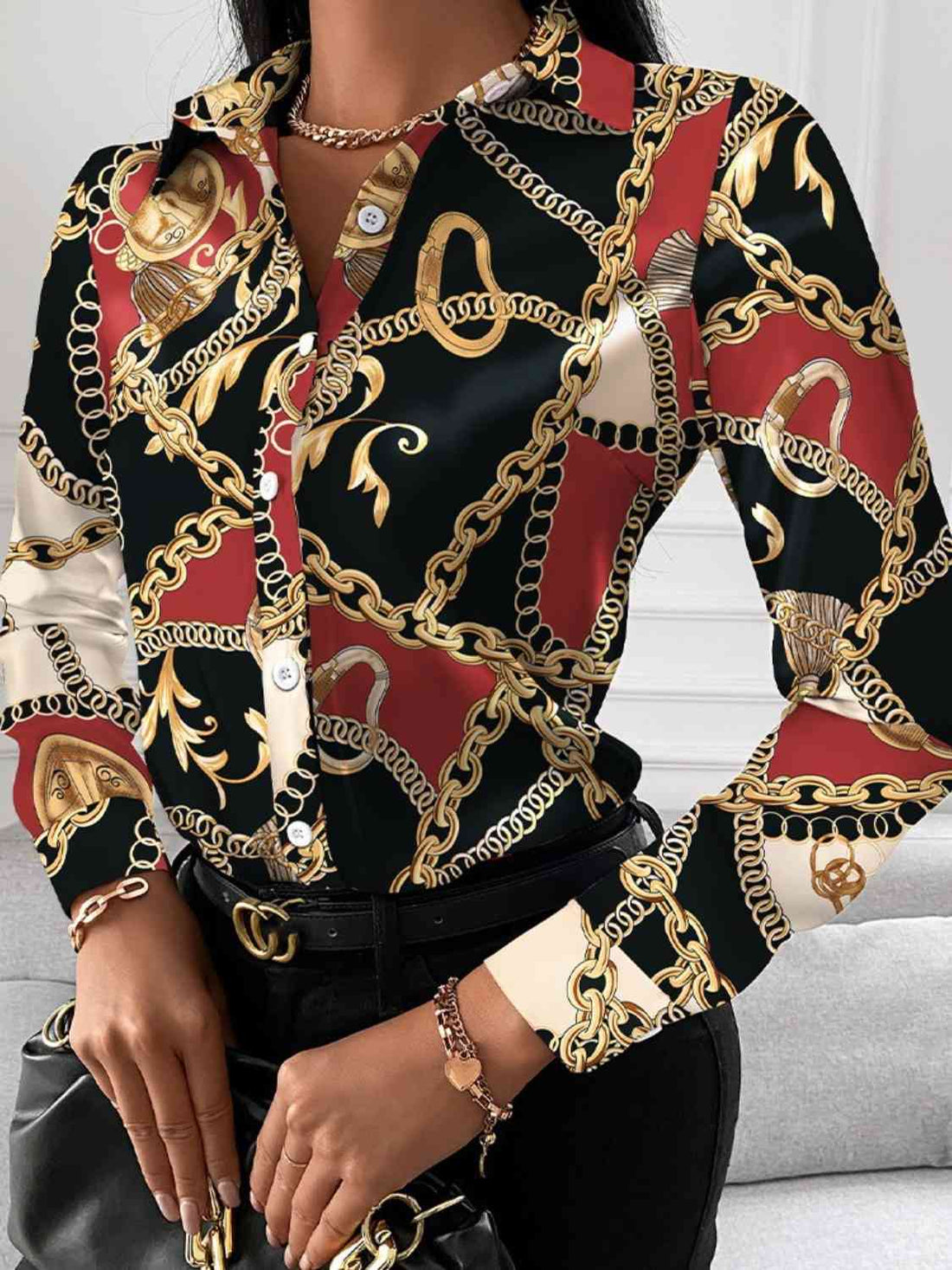 Printed Collared Neck Long Sleeve Shirt -