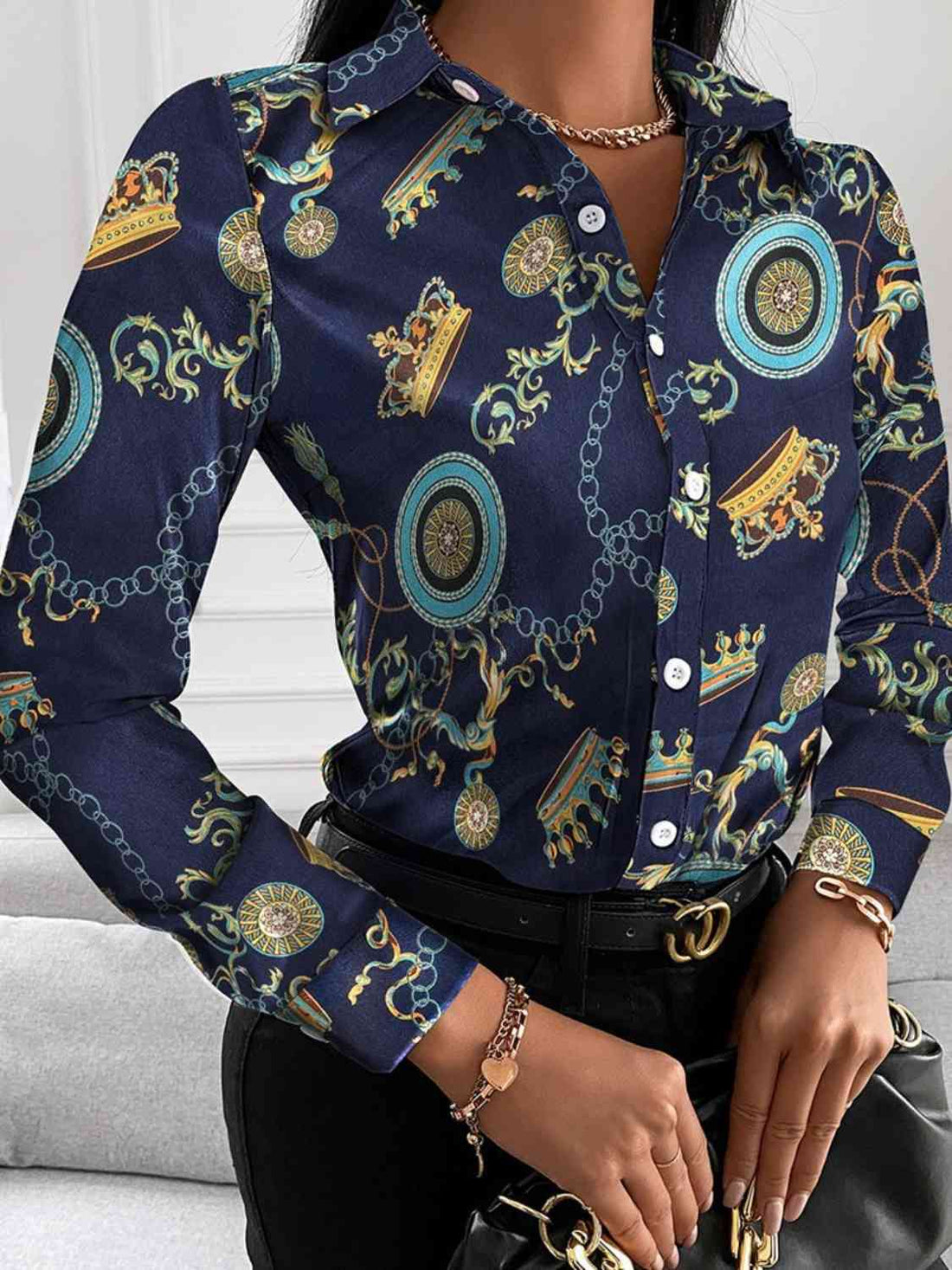 Printed Collared Neck Long Sleeve Shirt -