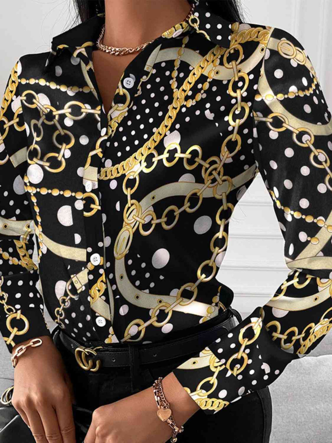 Printed Collared Neck Long Sleeve Shirt -