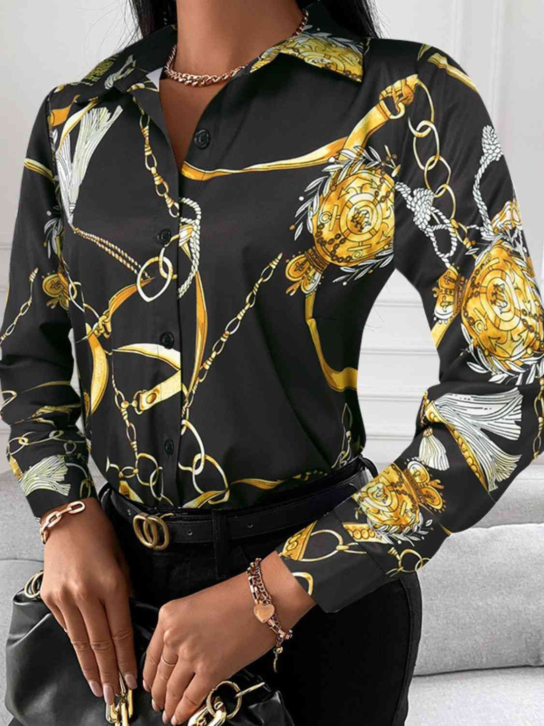 Printed Collared Neck Long Sleeve Shirt -