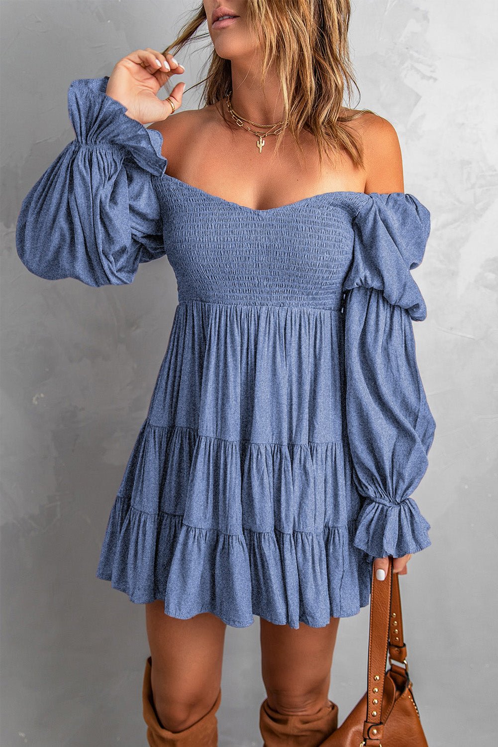 Smocked Off-Shoulder Tiered Mini Dress -