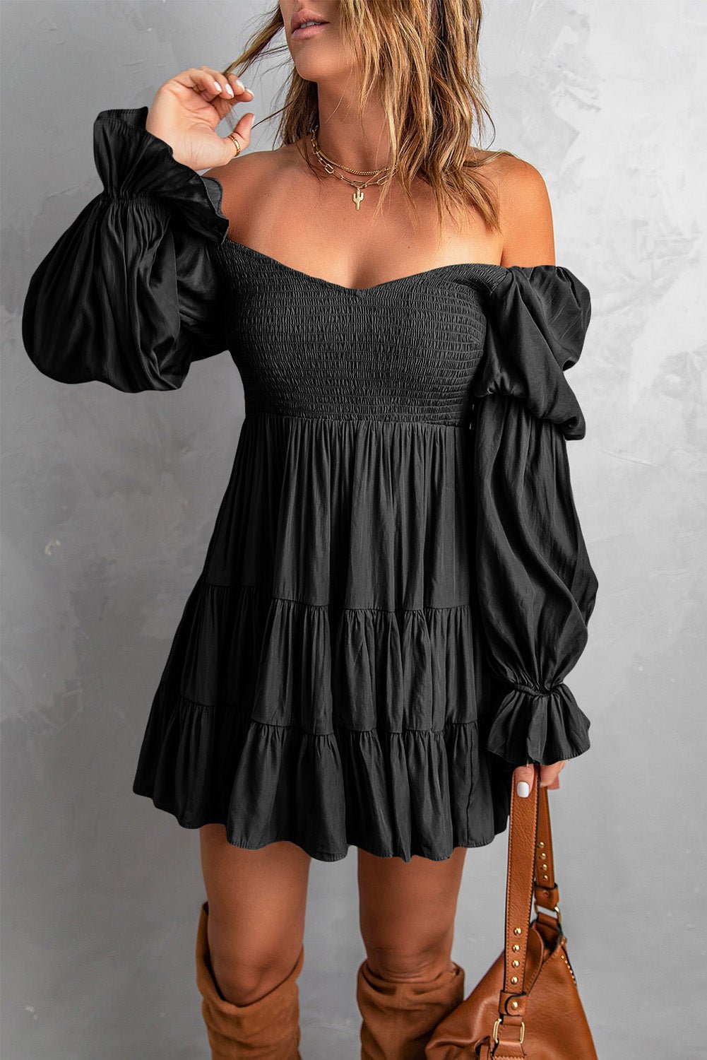 Smocked Off-Shoulder Tiered Mini Dress -