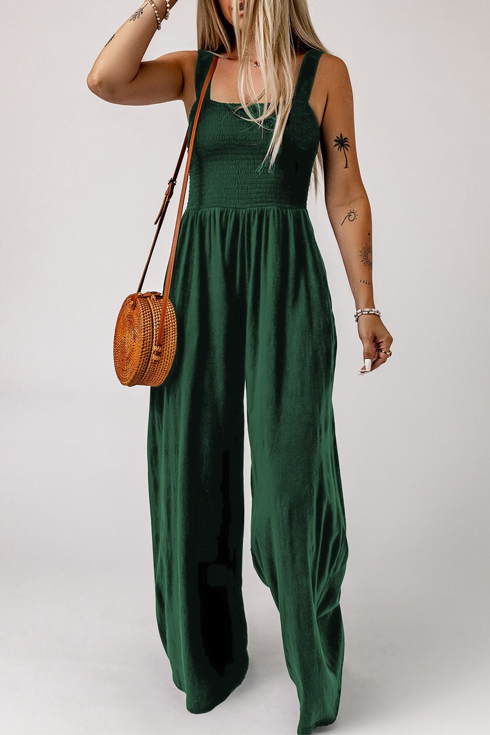 Smocked Square Neck Wide Leg Jumpsuit with Pockets -