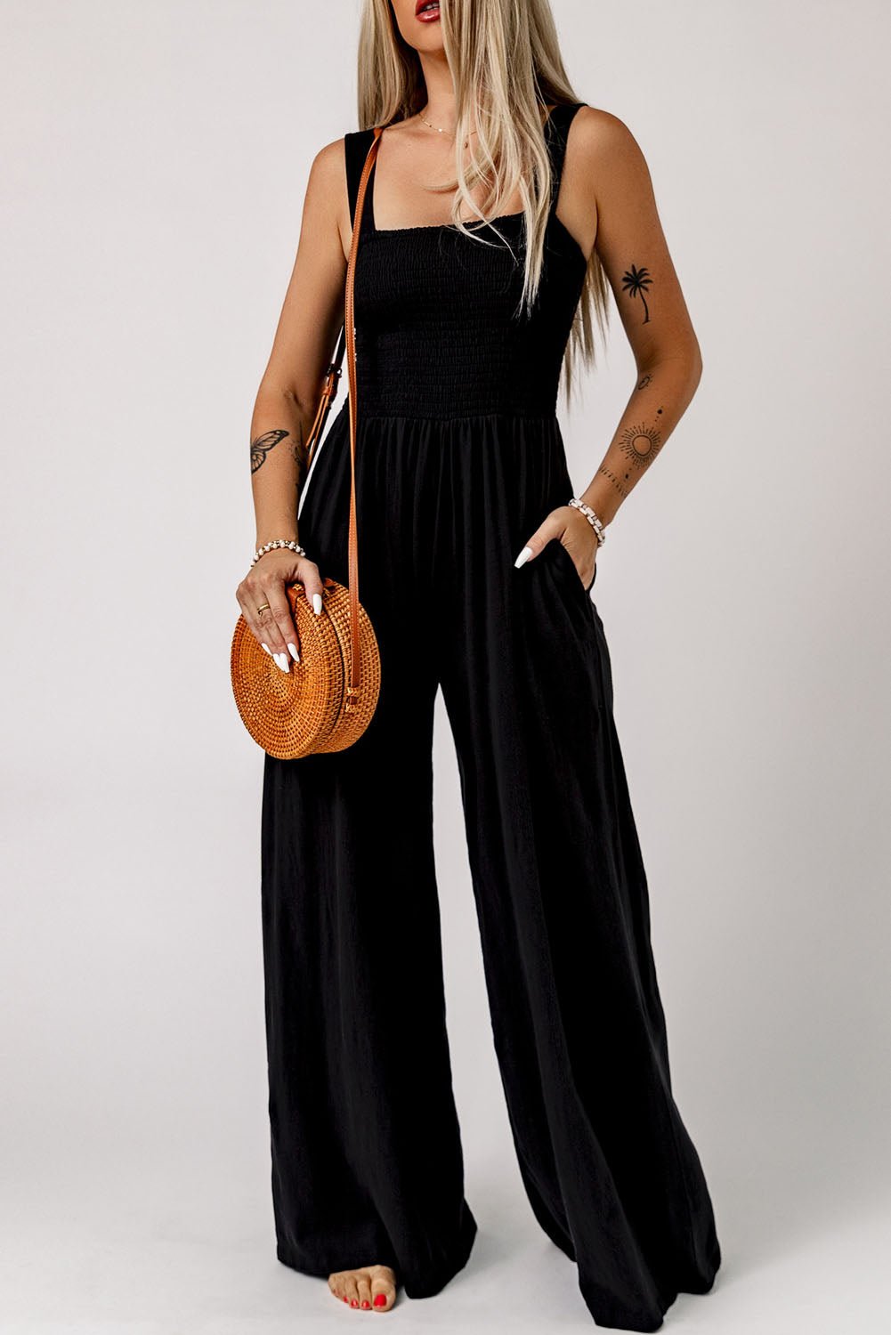 Smocked Square Neck Wide Leg Jumpsuit with Pockets -