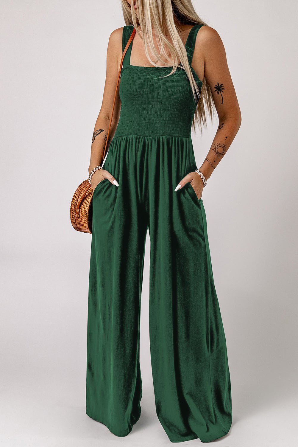 Smocked Square Neck Wide Leg Jumpsuit with Pockets -