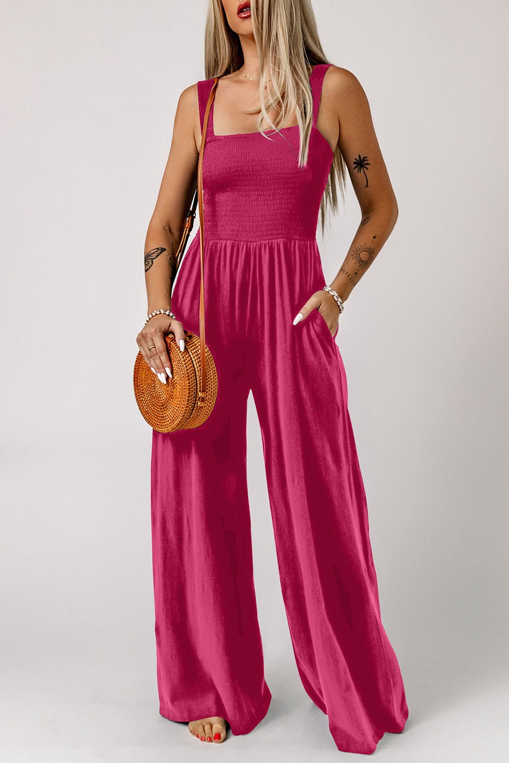 Smocked Square Neck Wide Leg Jumpsuit with Pockets -