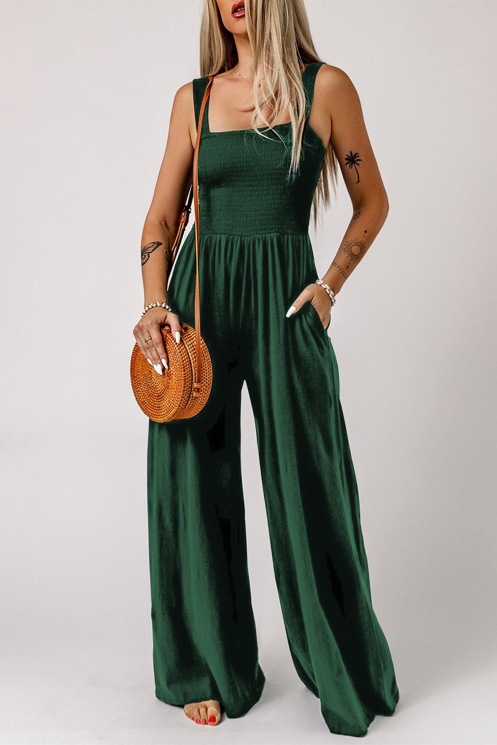 Smocked Square Neck Wide Leg Jumpsuit with Pockets -