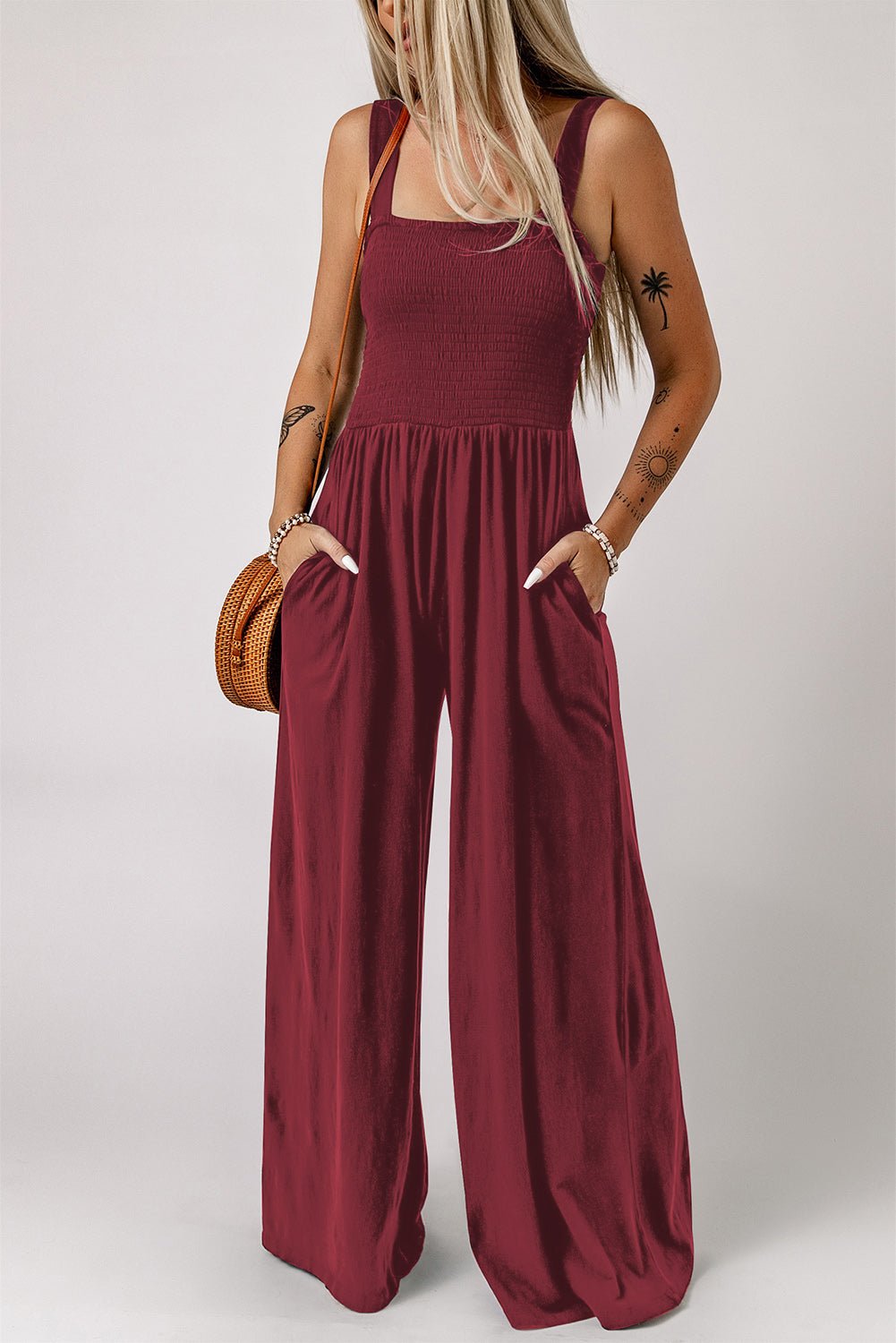 Smocked Square Neck Wide Leg Jumpsuit with Pockets -