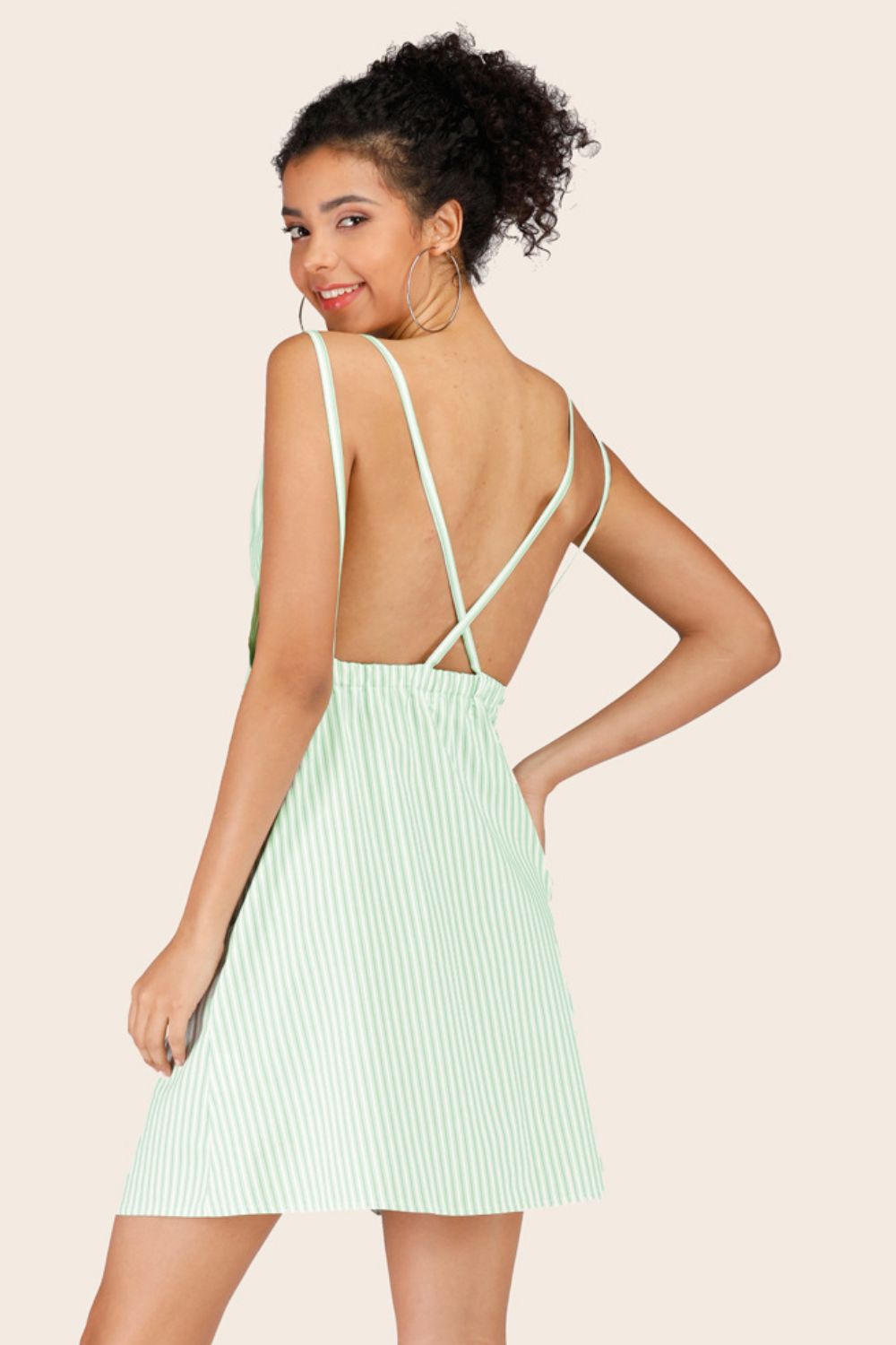 Striped Crisscross Deep V Sleeveless Dress -