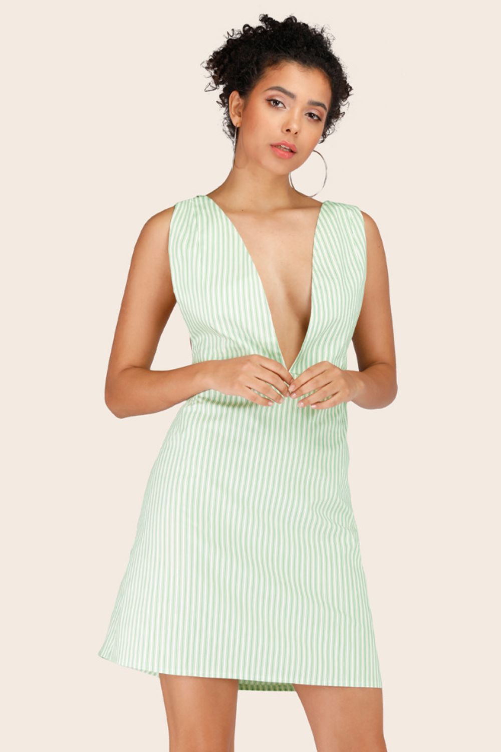 Striped Crisscross Deep V Sleeveless Dress -