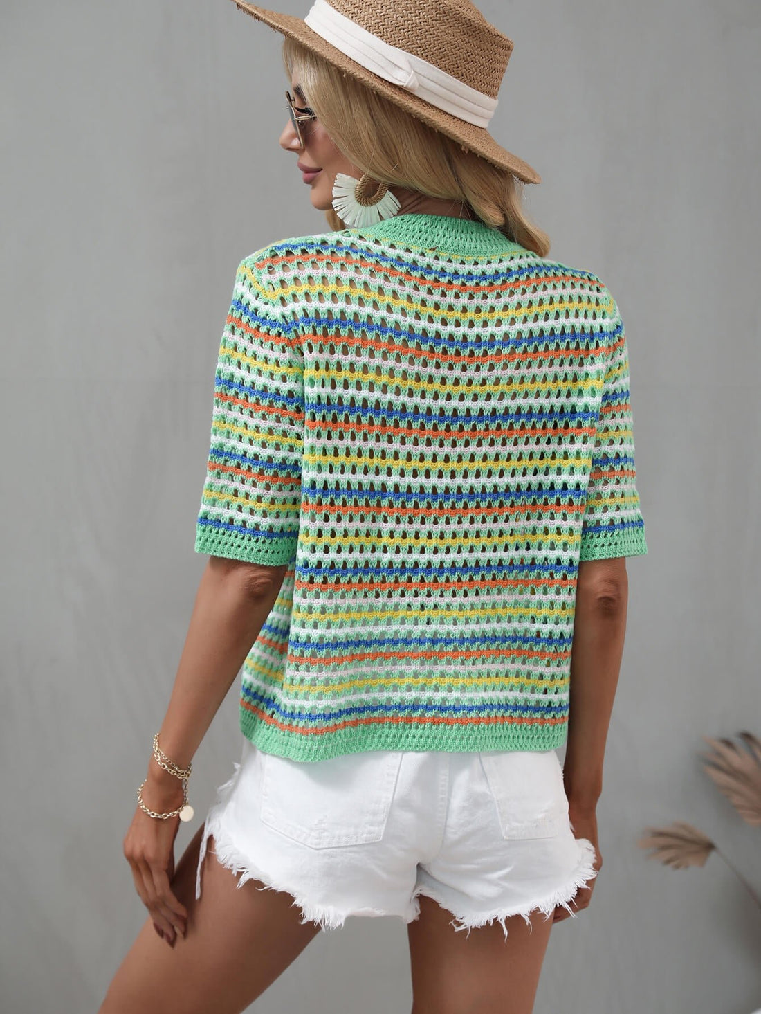 Striped Openwork Half Sleeve Knit Top -