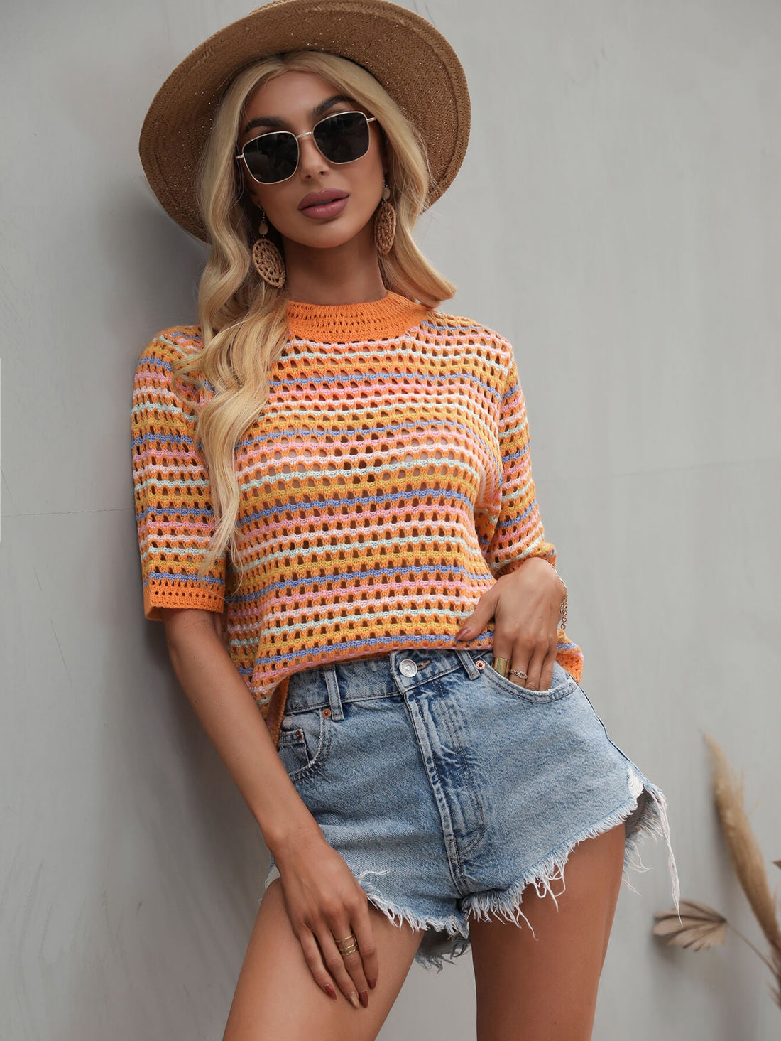 Striped Openwork Half Sleeve Knit Top -