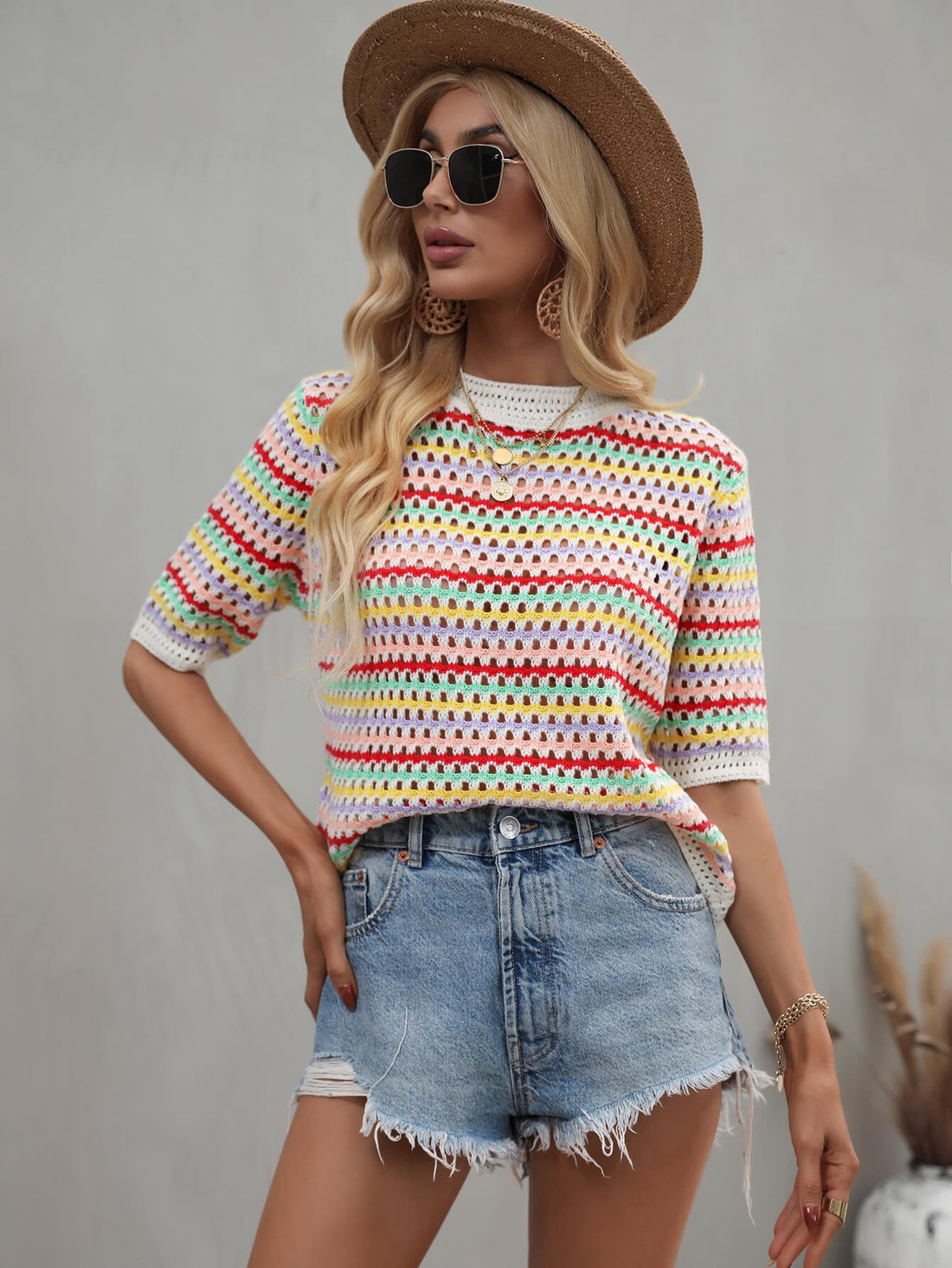 Striped Openwork Half Sleeve Knit Top -